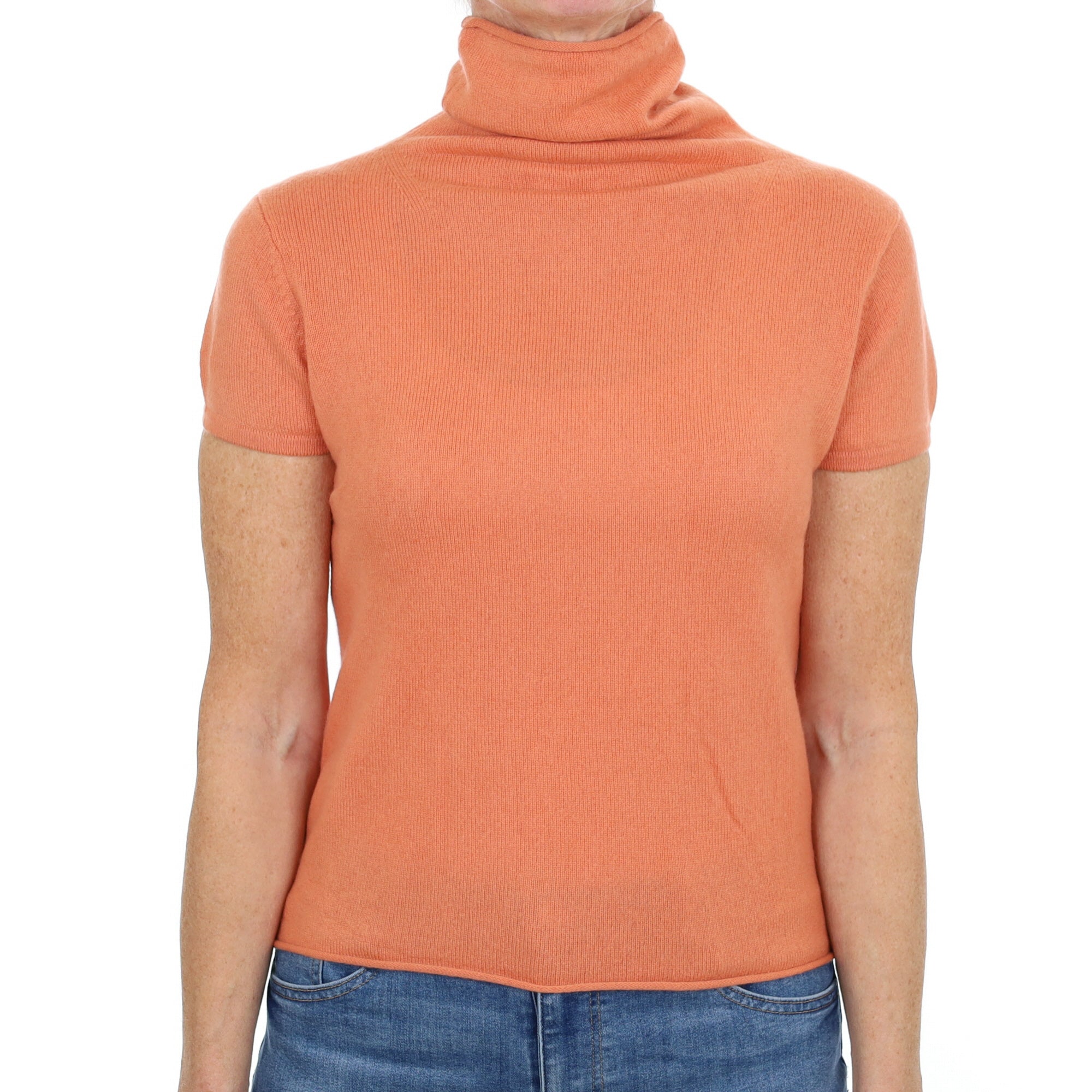 Muted Orange Cashmere Funnel Neck Short Sleeved Jumper Small