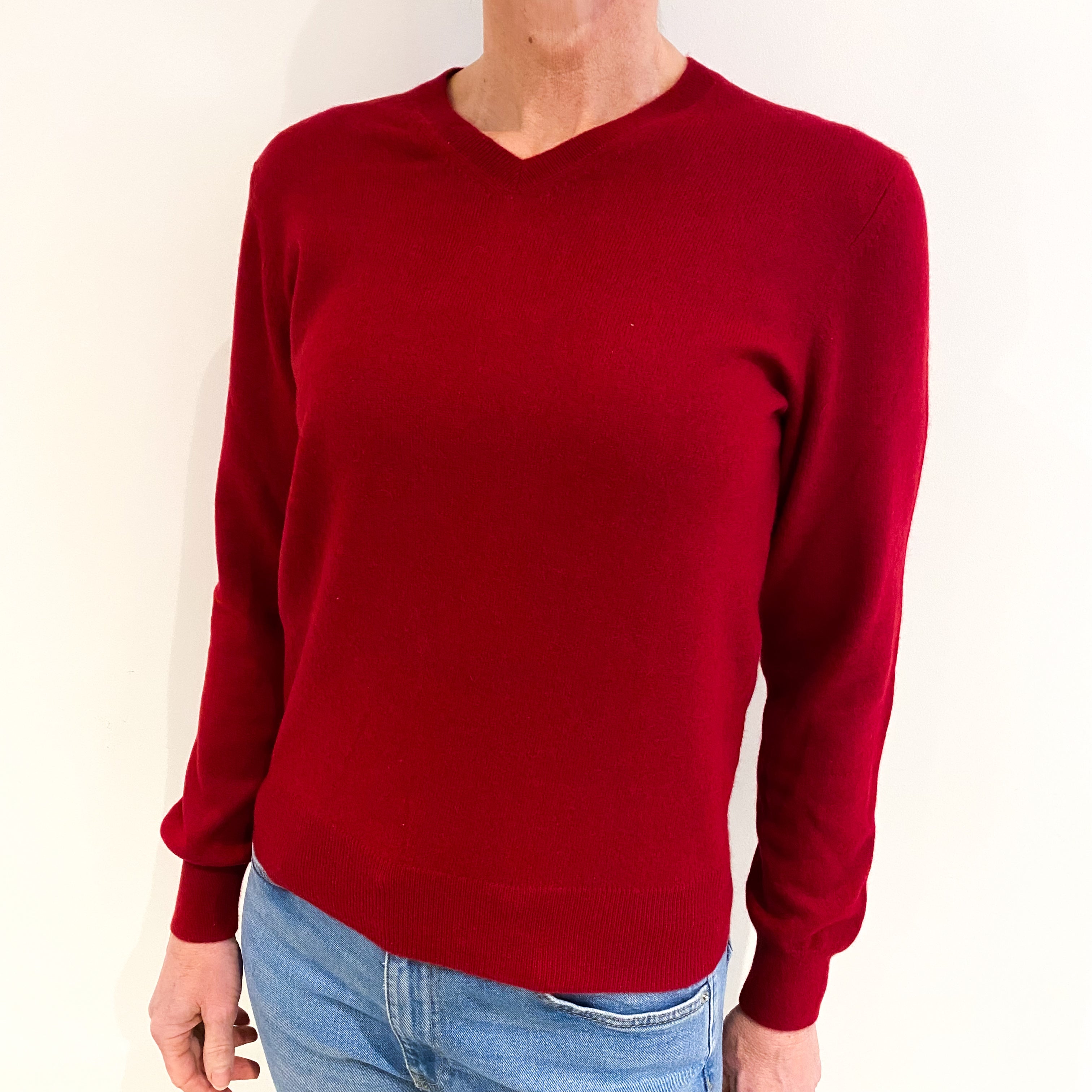 Crimson Red Cashmere V Neck Jumper Small