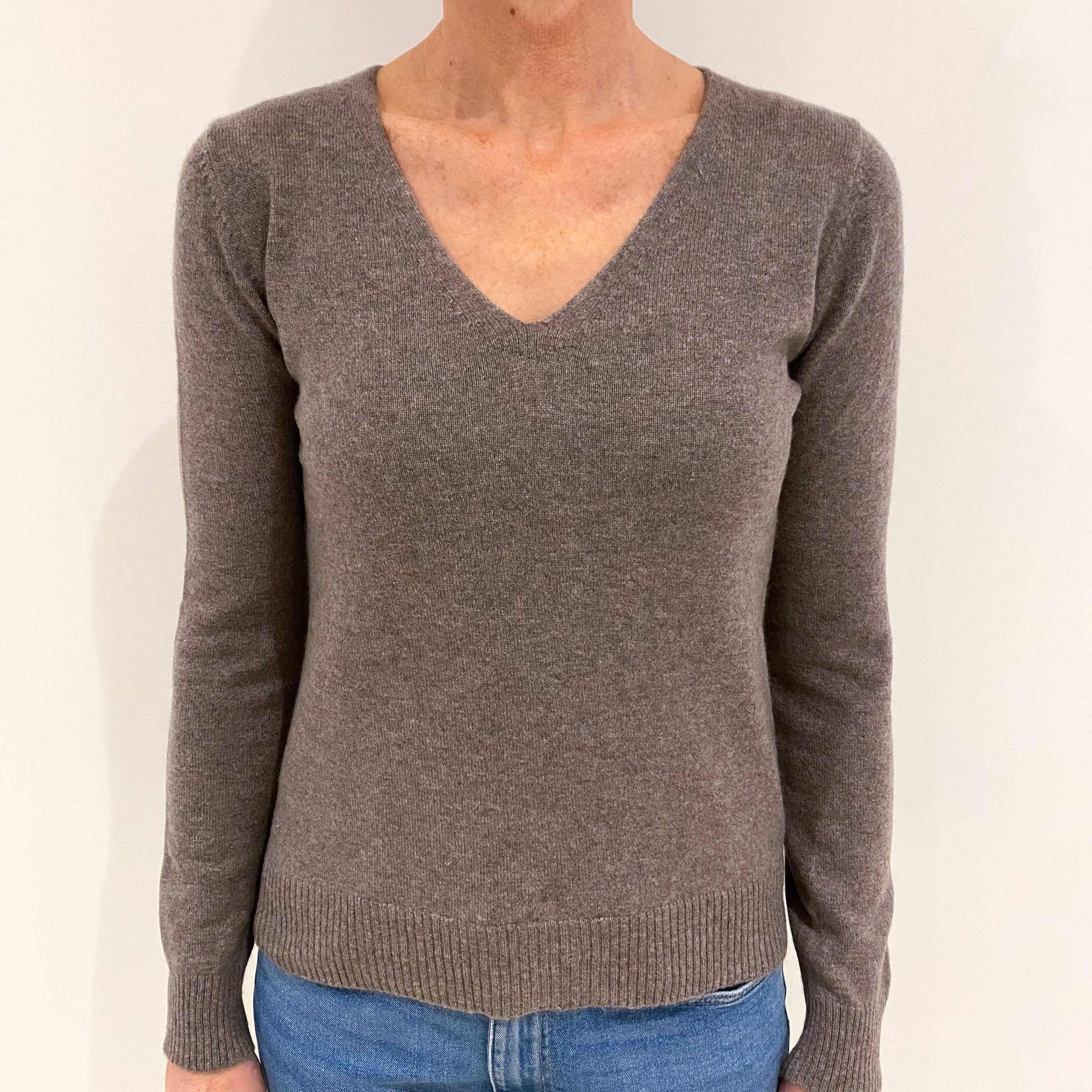 Mocha Grey Cashmere V Neck Jumper Small