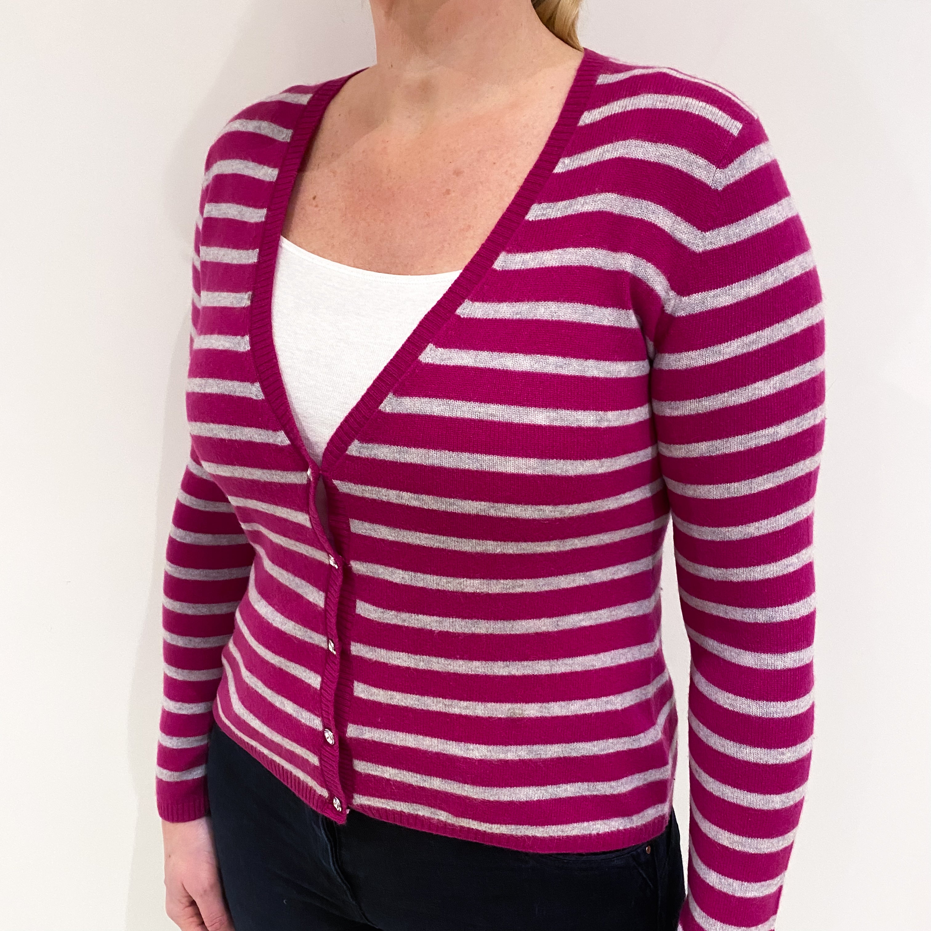 Grey Striped Fuchsia Pink V-Neck Cashmere Cardigan Large