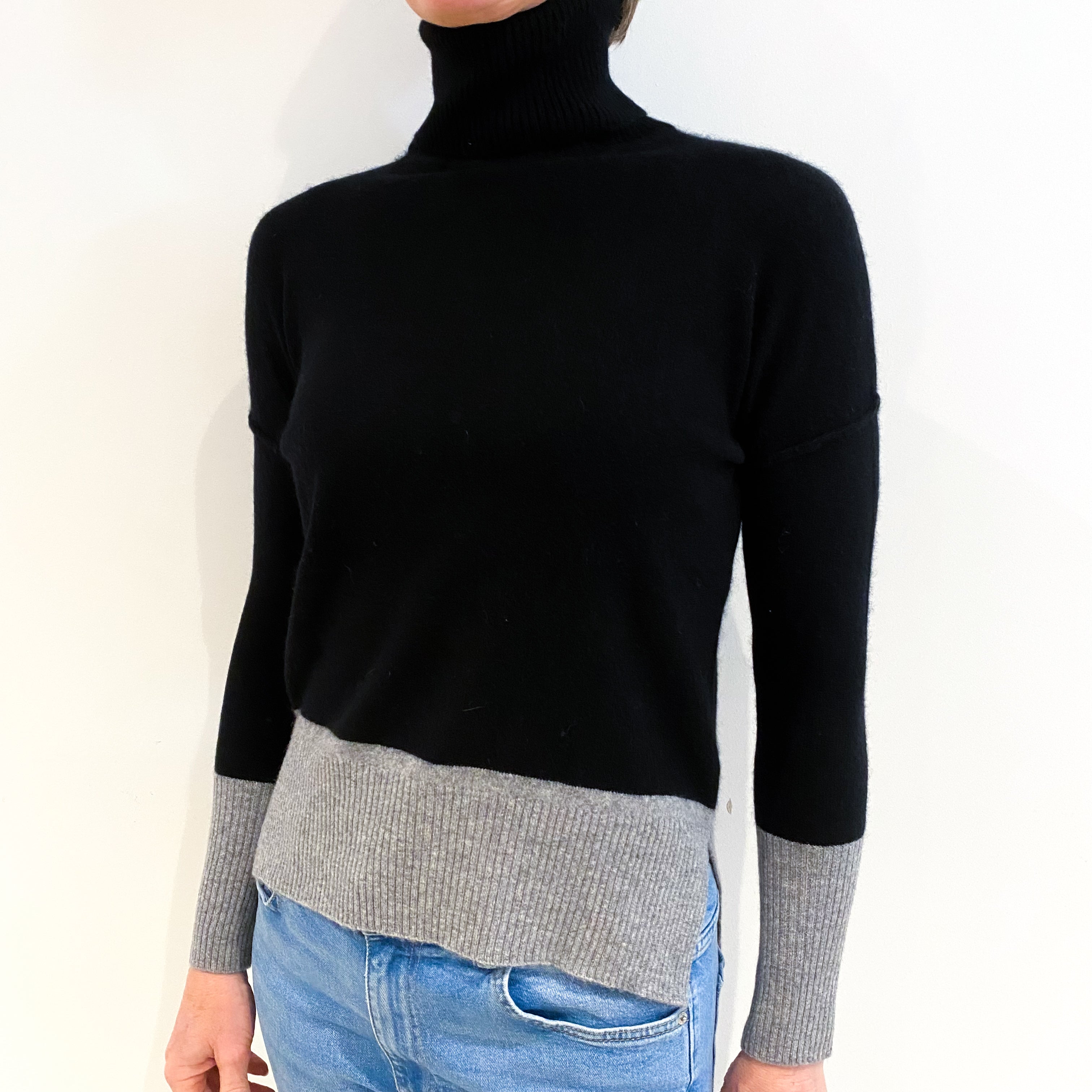 Black And Grey Cashmere Polo Neck Jumper Small