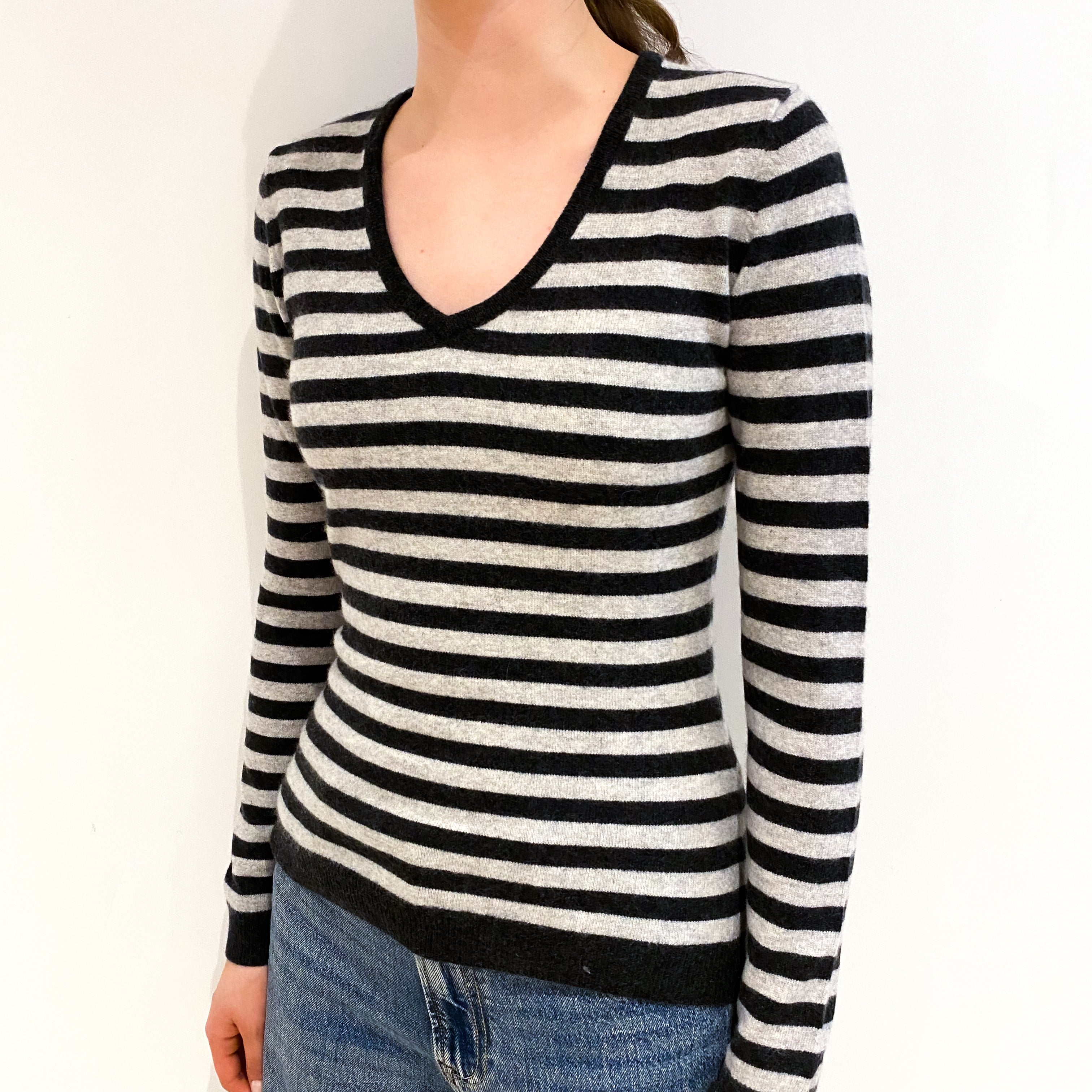 Grey Striped Cashmere V Neck Jumper Extra Small