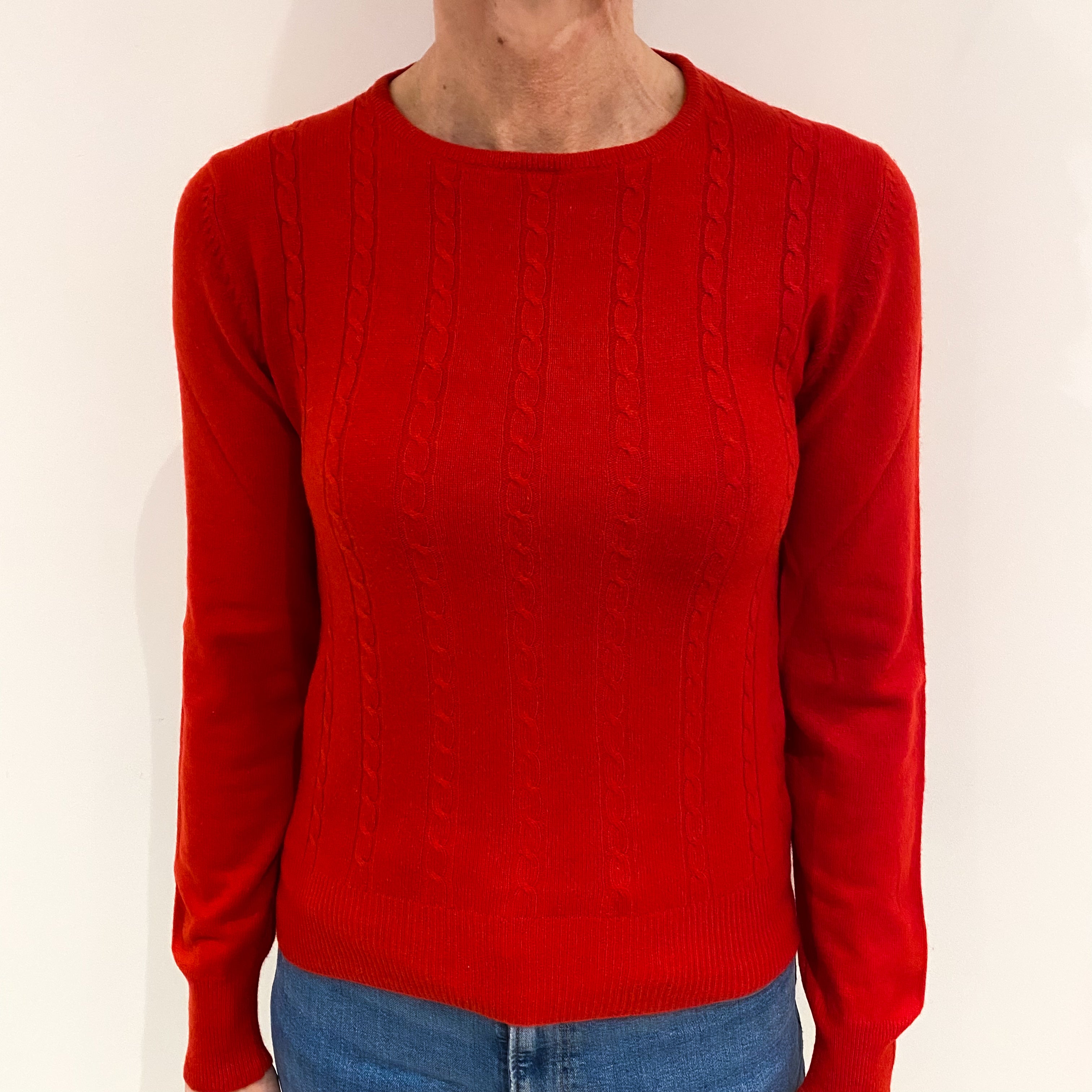 Vintage Spanish Red Cable Front Cashmere Crew Neck Jumper Small