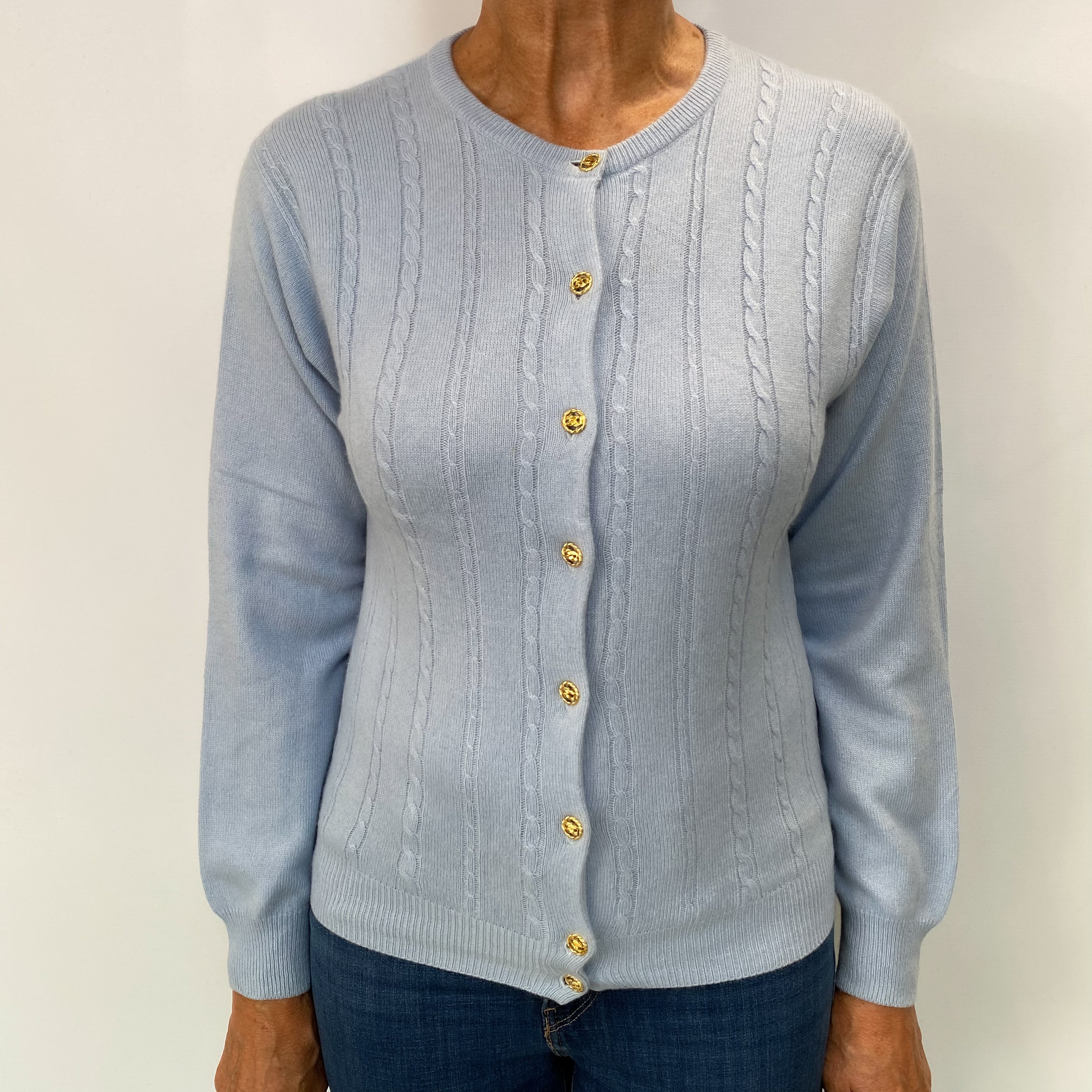 Pale Blue Cashmere Crew Neck Cardigan Medium