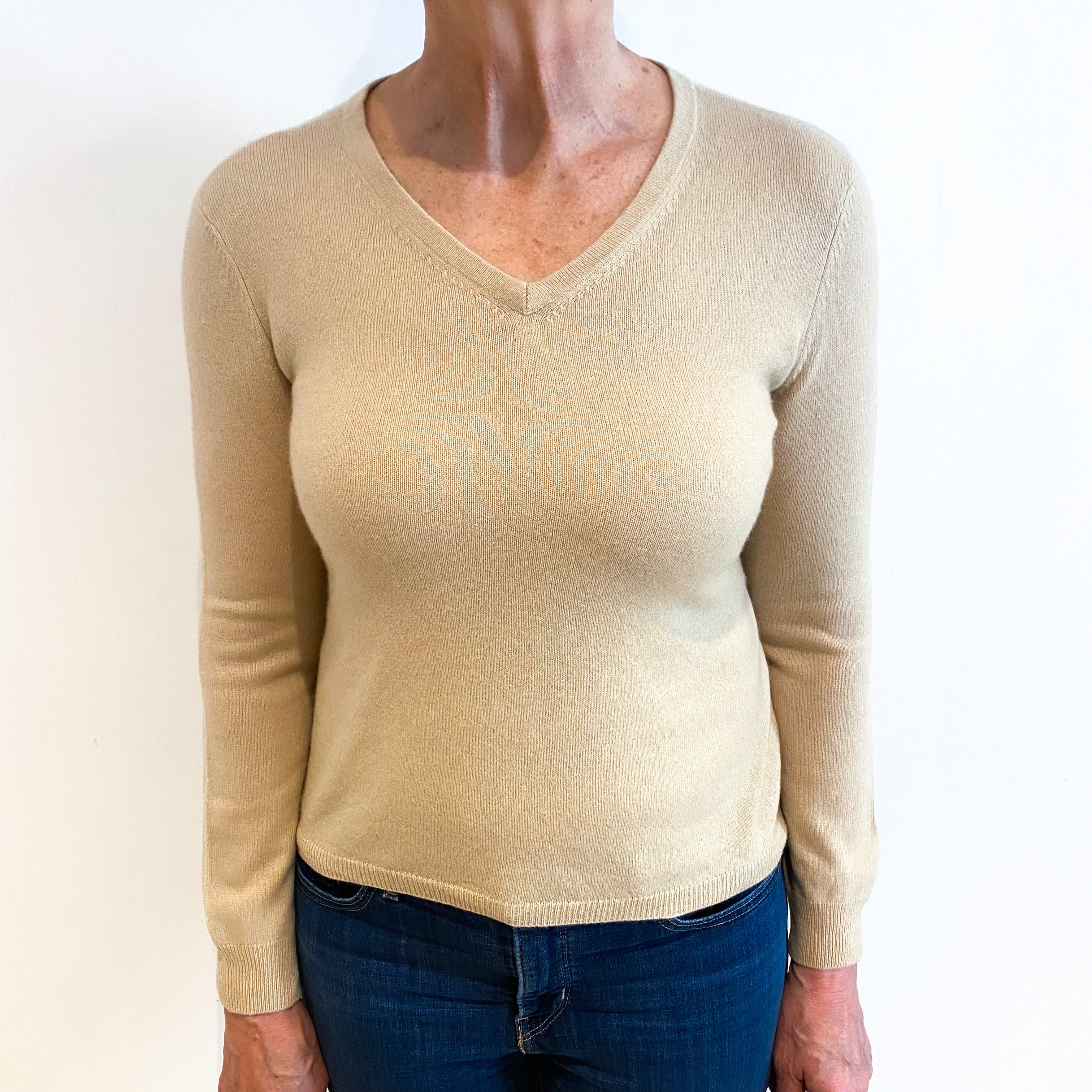 Sand Beige Cashmere V Neck Jumper Medium