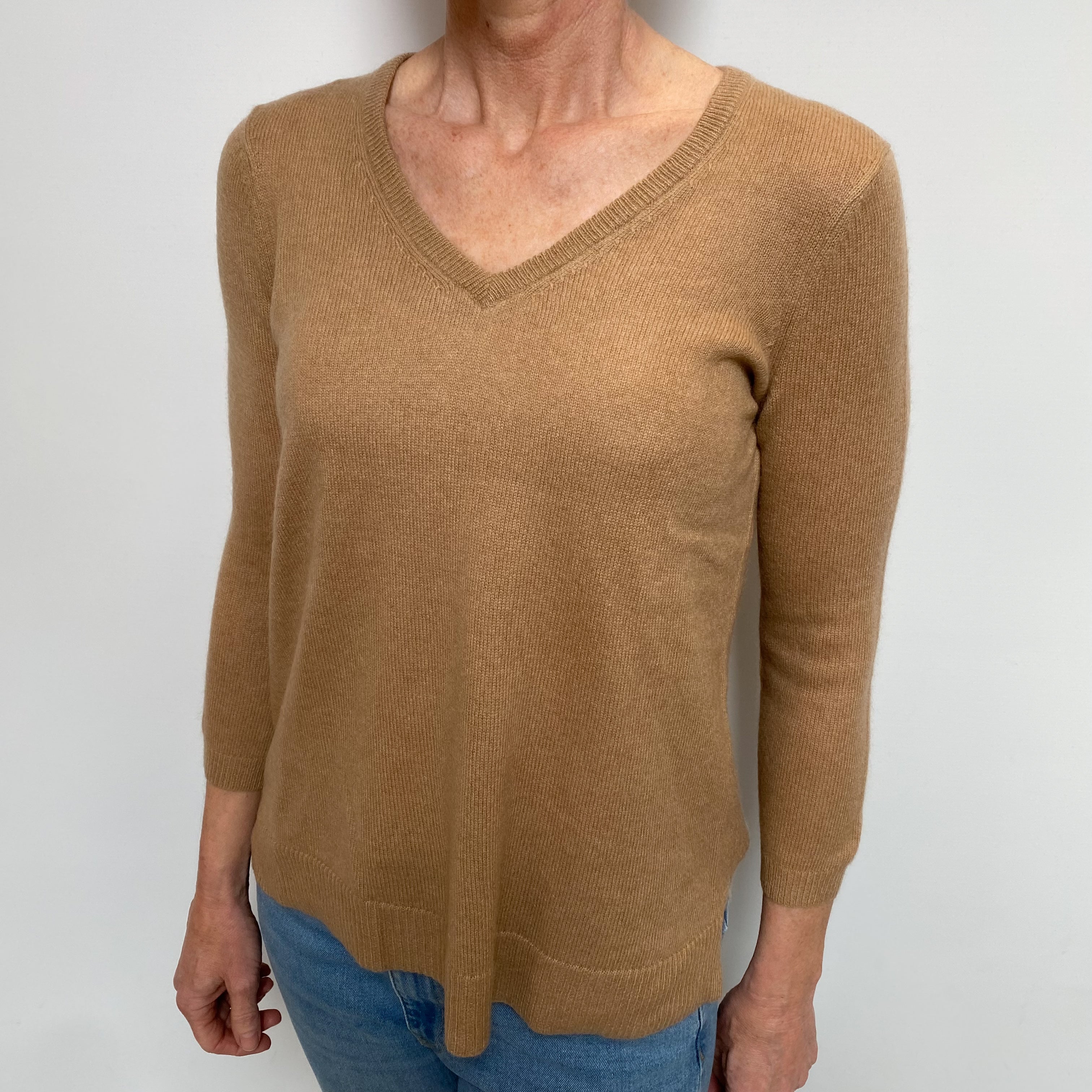 Butterscotch Brown Cashmere V Neck  3/4 Sleeve Jumper Small