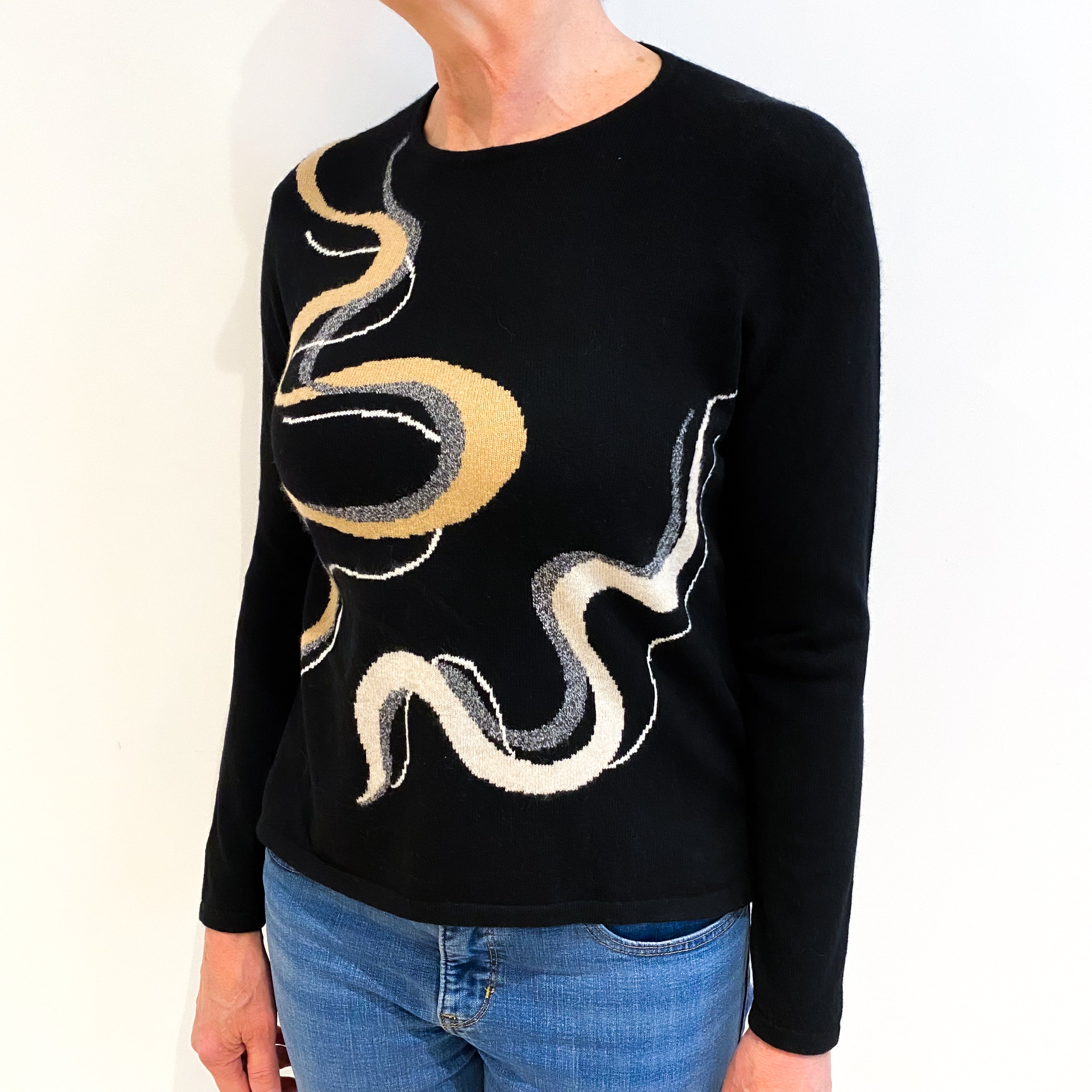 Black Swirl Pattern Cashmere Crew Neck Jumper Medium