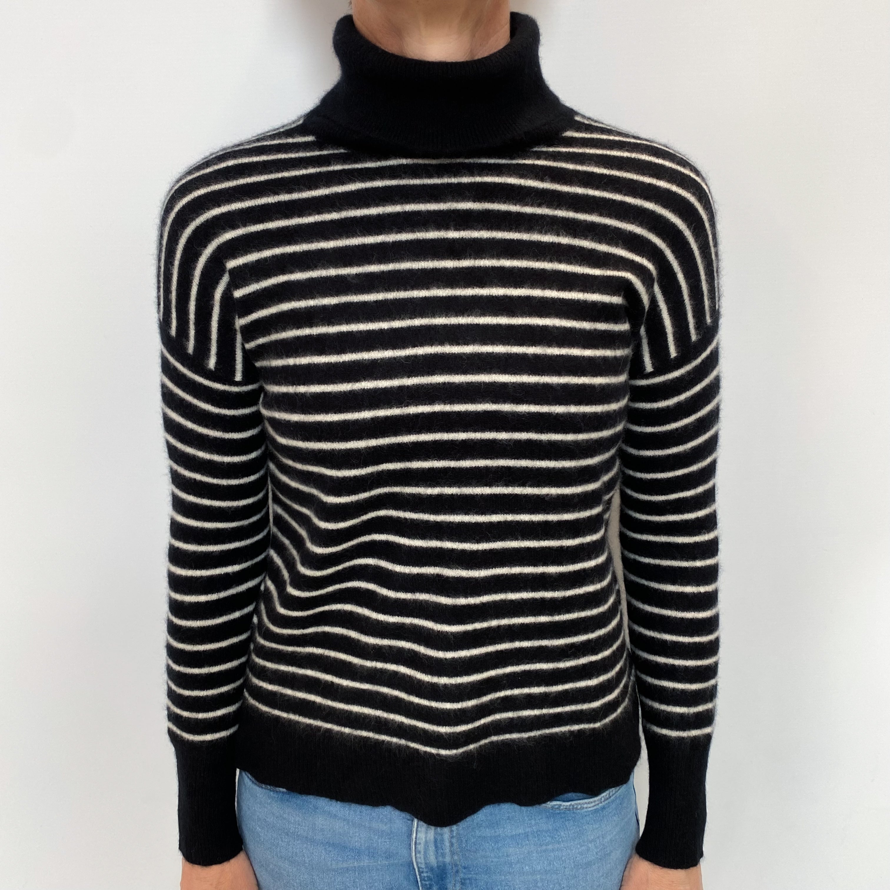 Black White Stripe Cashmere Polo Neck Jumper Small