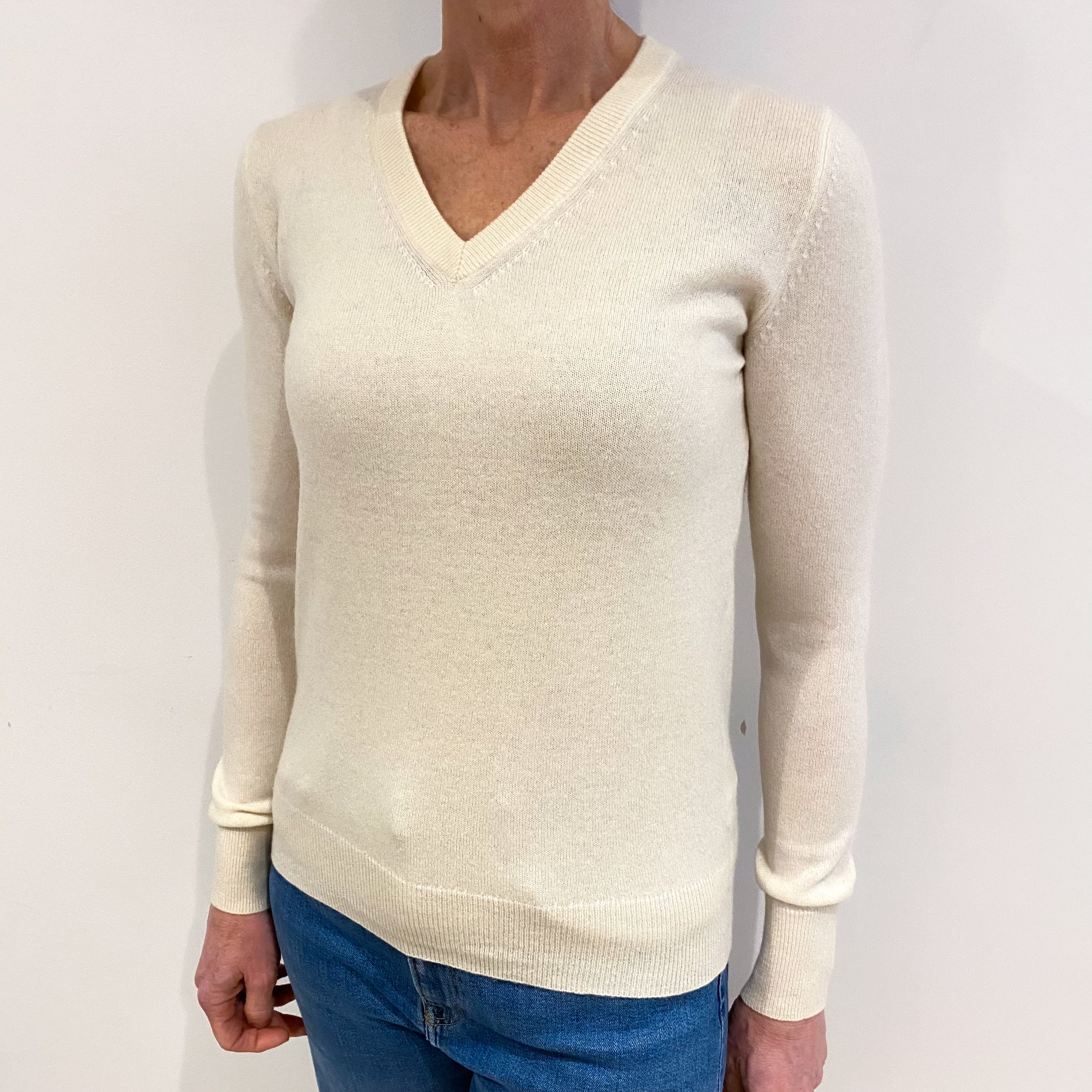 Ivory Cashmere V Neck Jumper Small