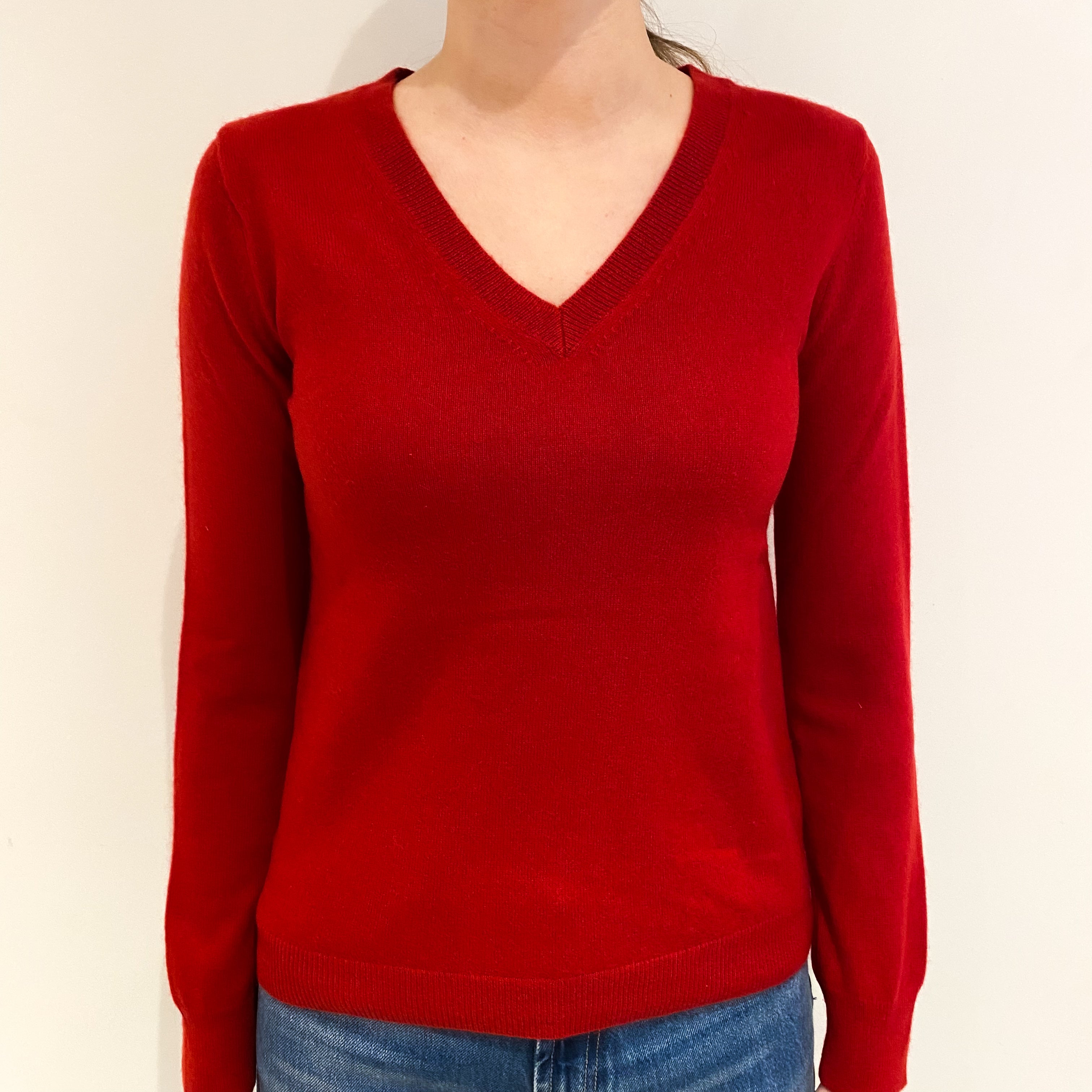 Post Box Red Cashmere V Neck Jumper Extra Small