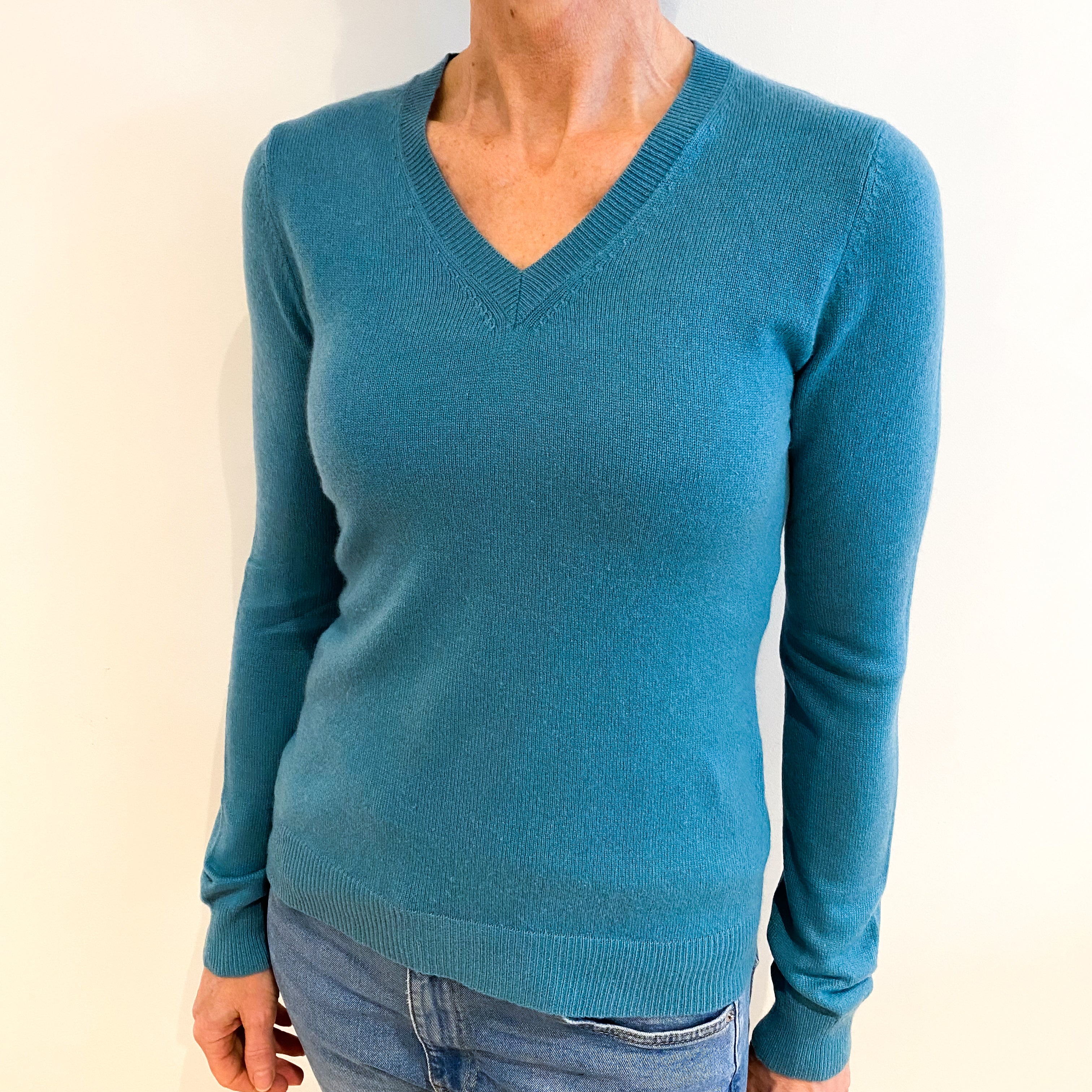 Deep Aqua Cashmere V Neck Jumper Small