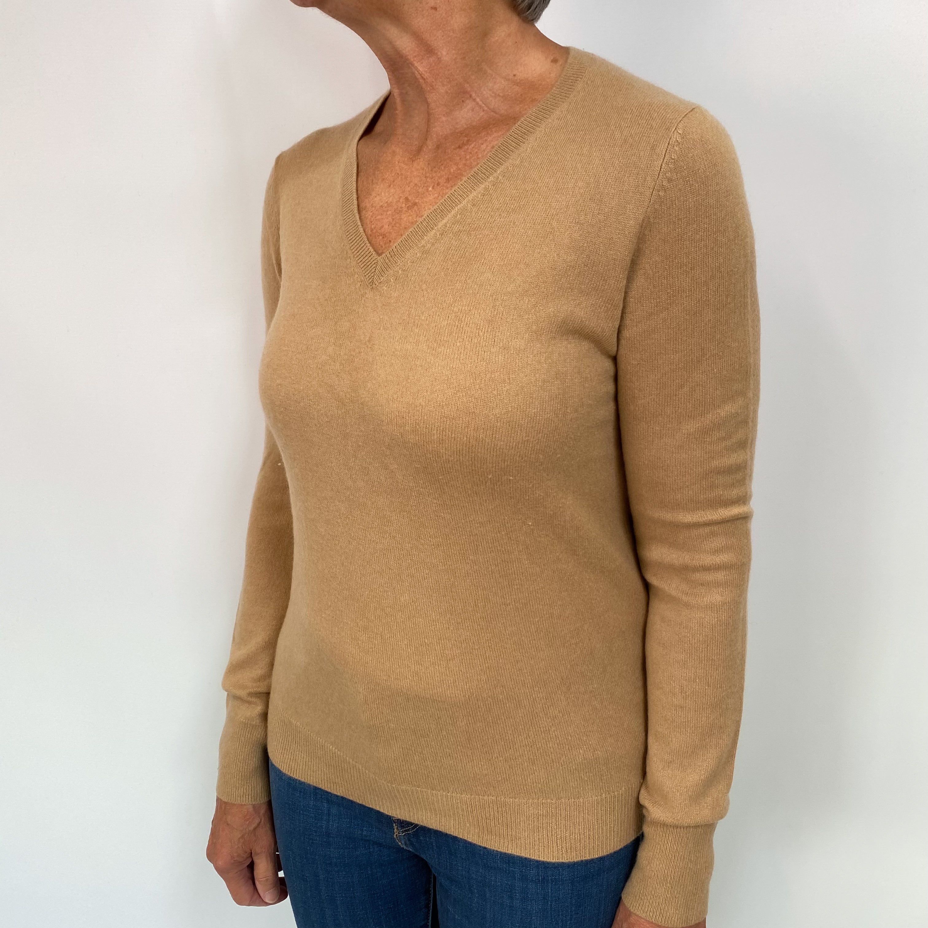 Caramel Brown Cashmere V Neck Jumper Medium