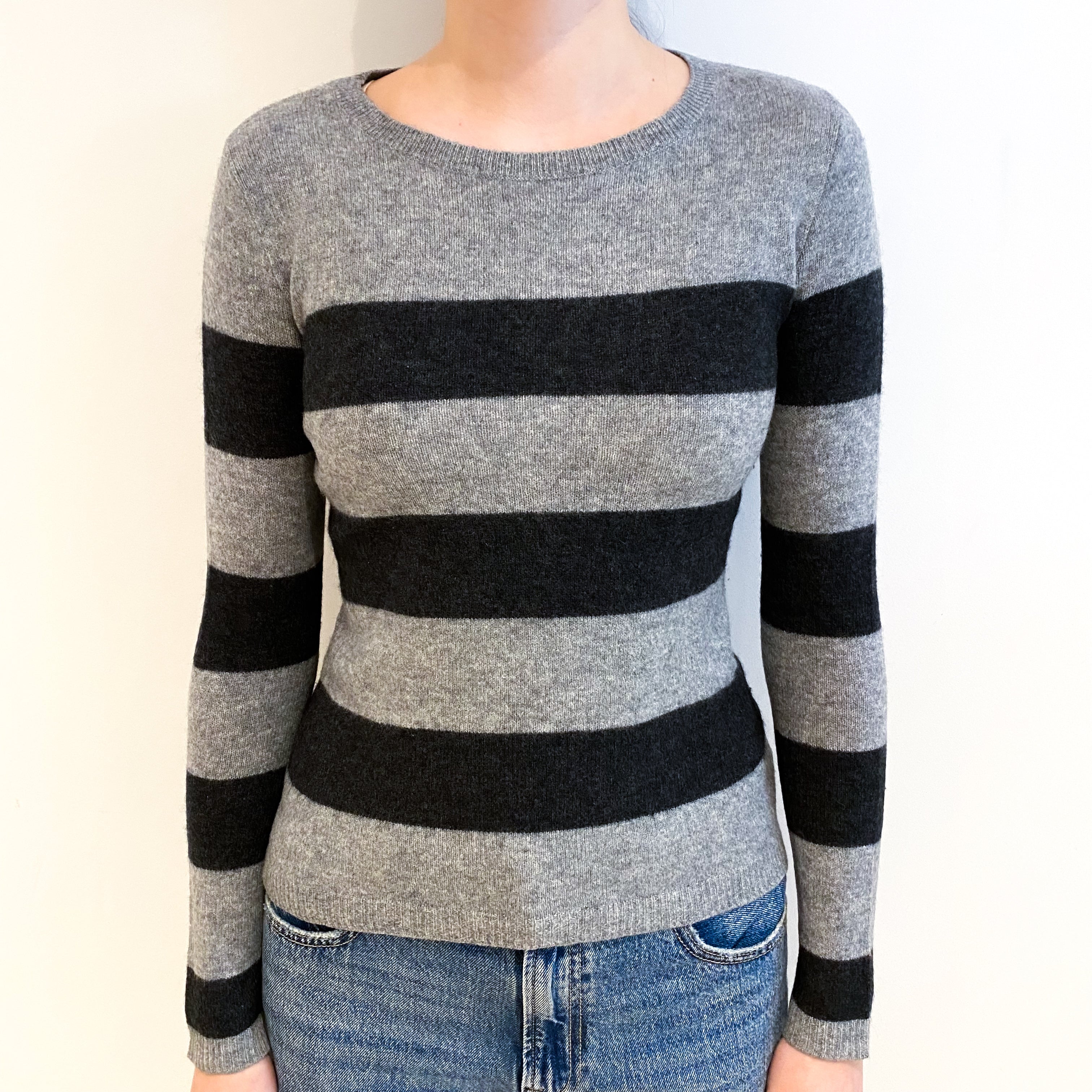 Grey Stripe Cashmere Crew Neck Jumper Extra Small