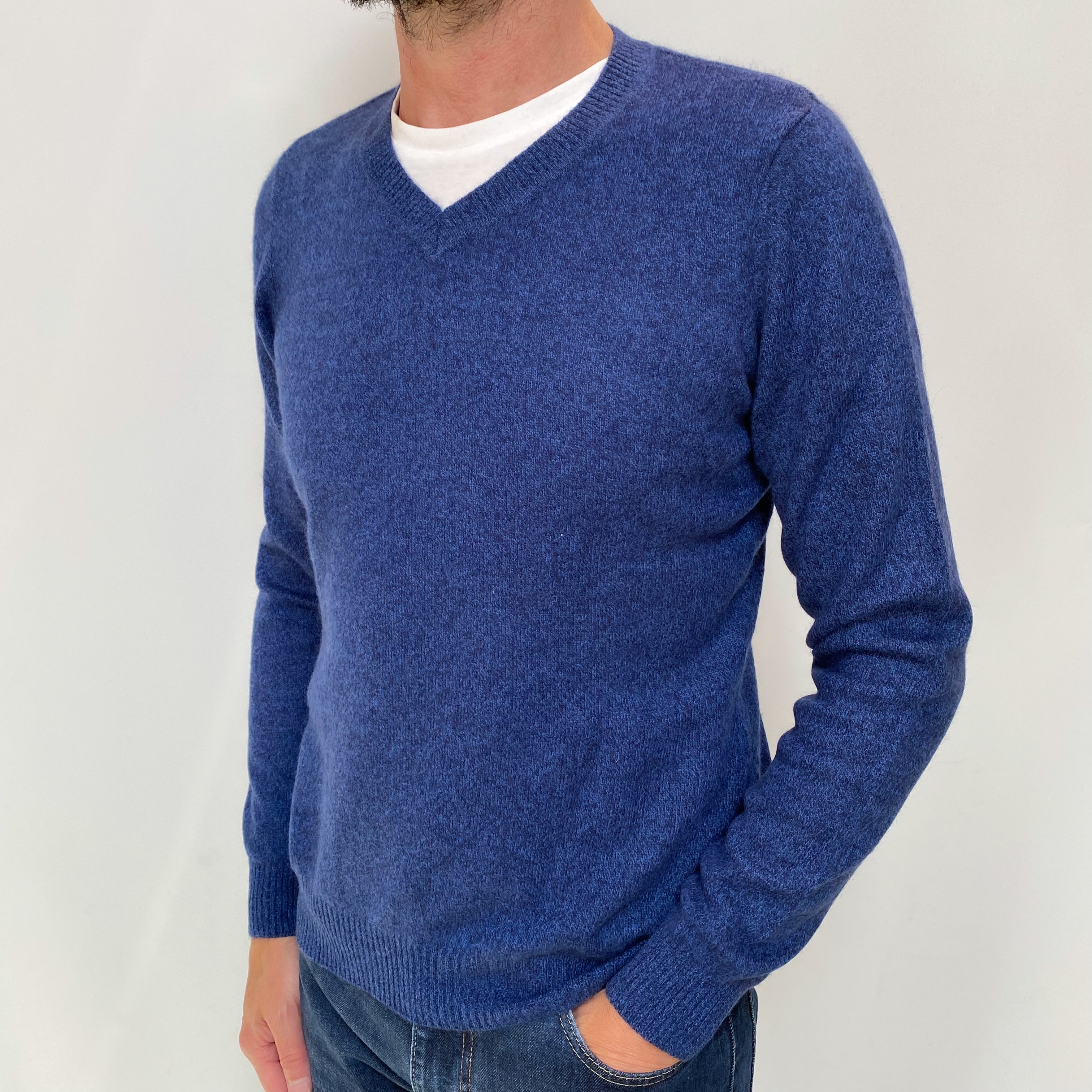 Men's Admiral Blue Marl Cashmere V Neck Jumper Small