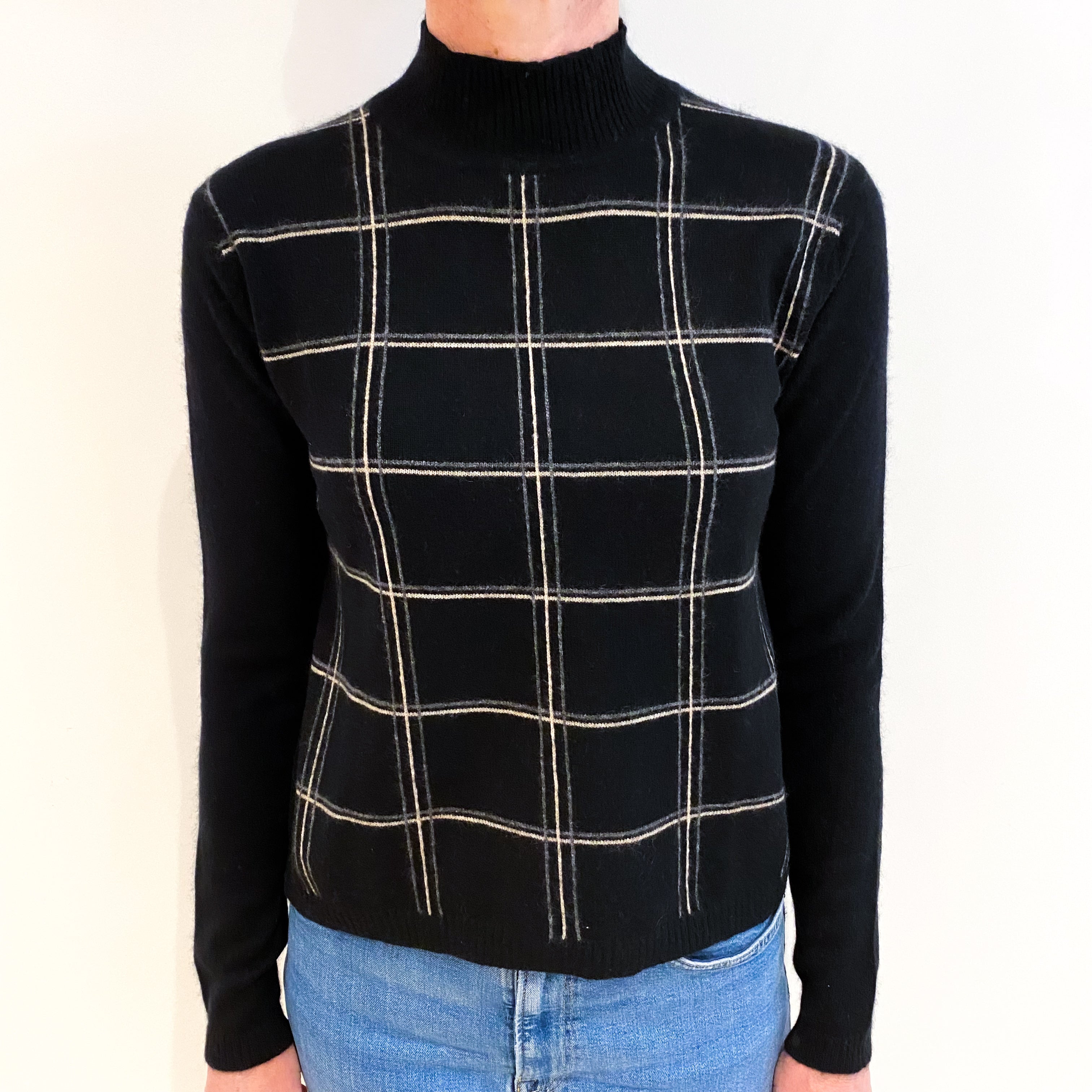 Black And Grey Checked Cashmere Turtle Neck Jumper Small