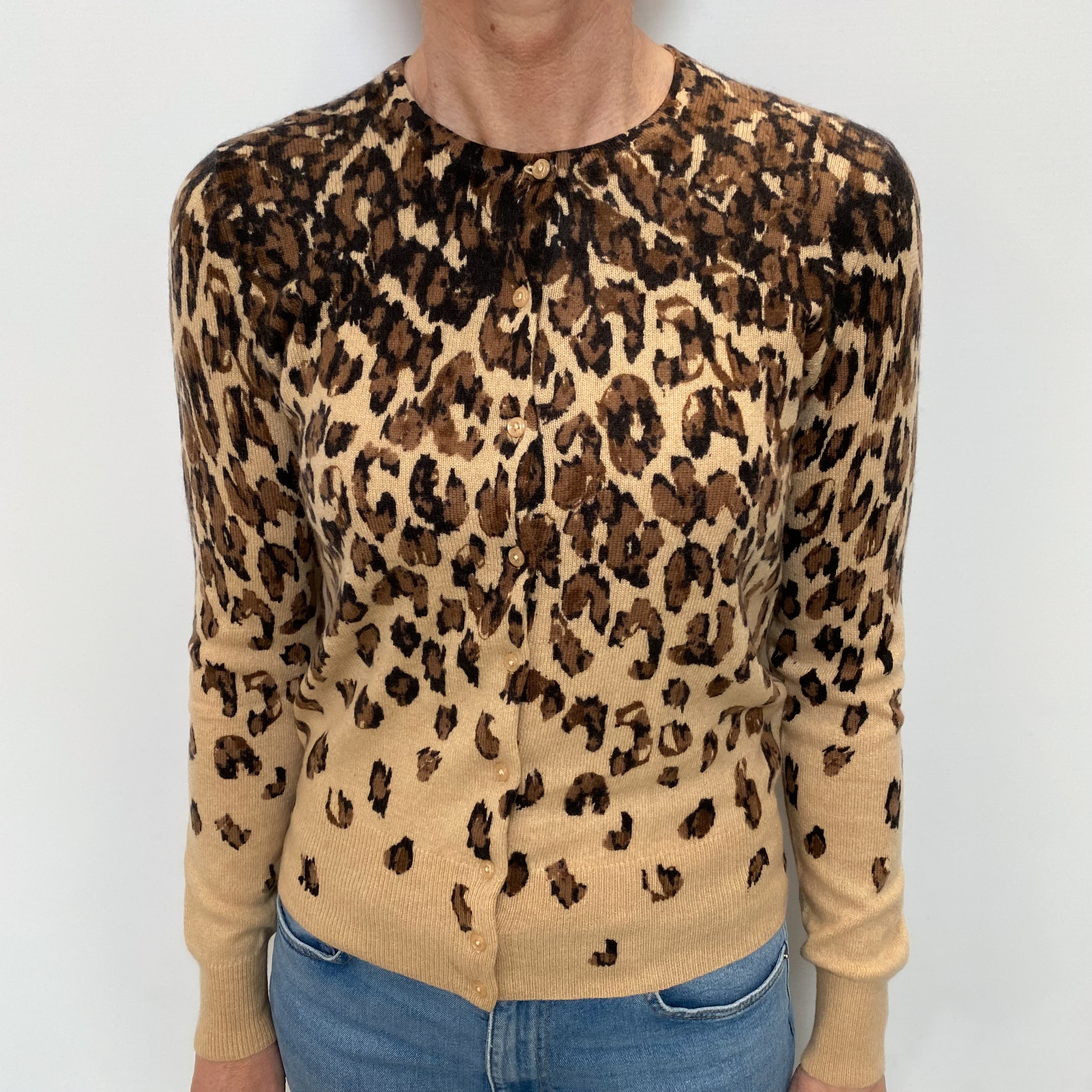 Brown Animal Print Cashmere Crew Neck Cardigan Small