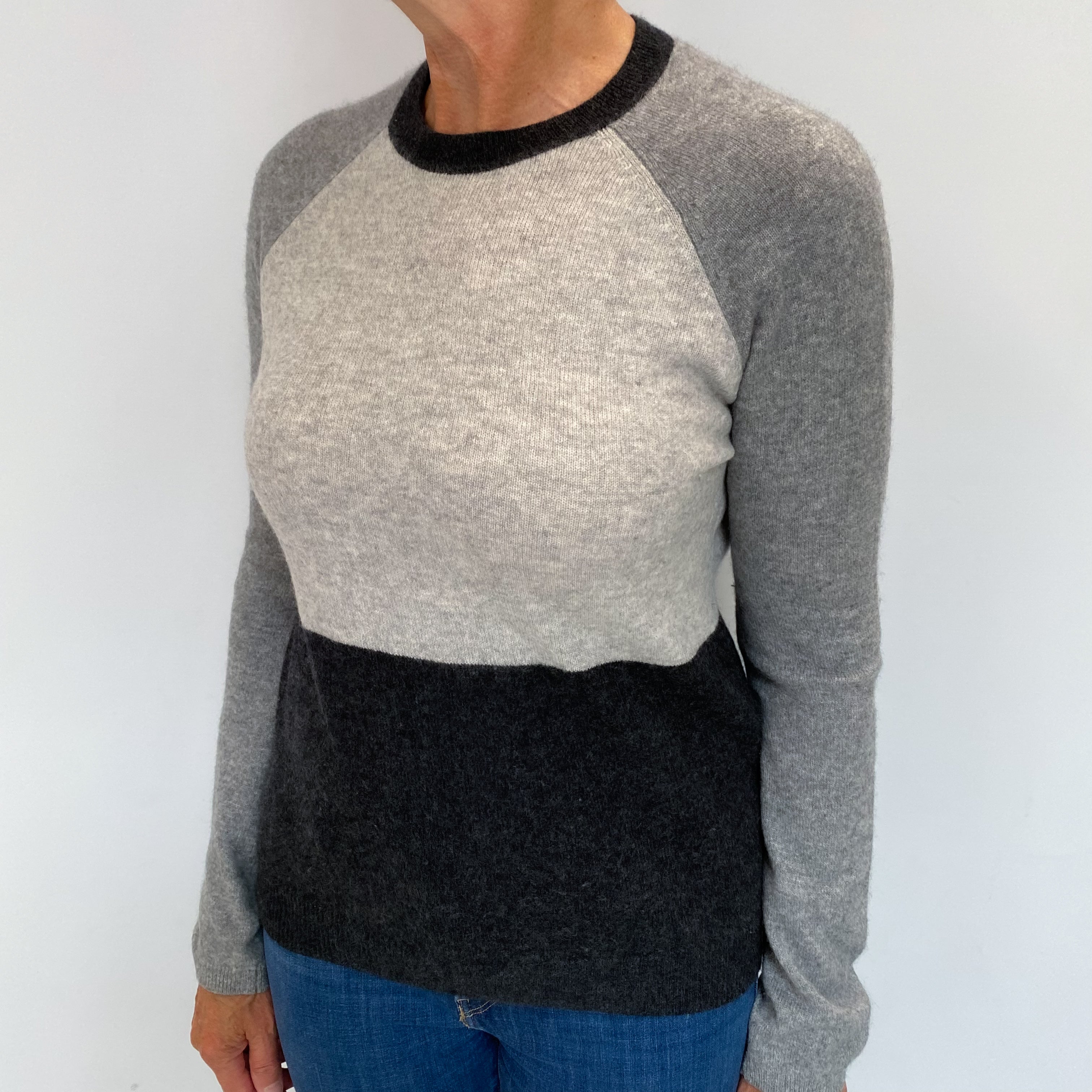 Grey Colour Block Cashmere Crew Neck Jumper Medium