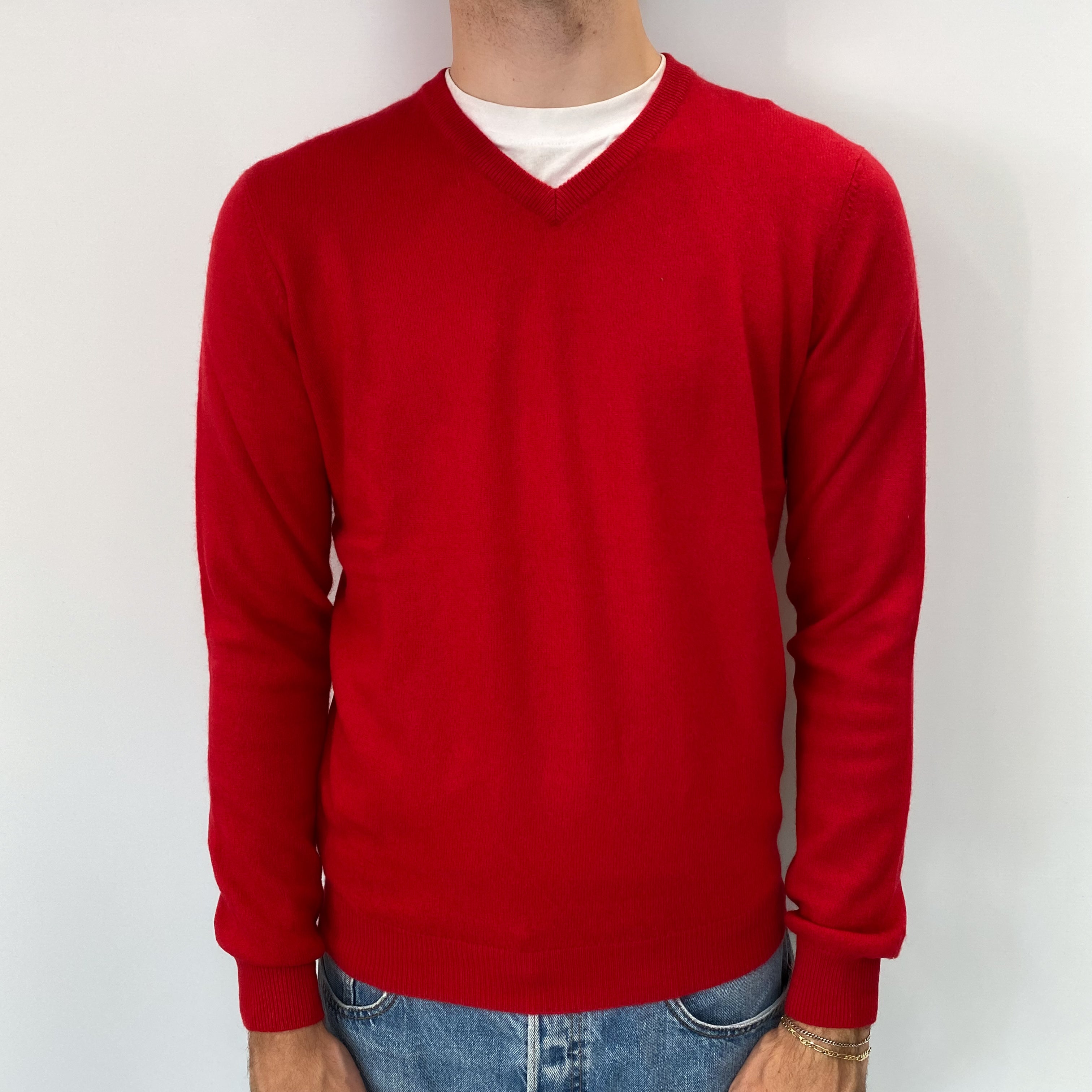 Men's Scarlet Red Cashmere V Neck Jumper Medium