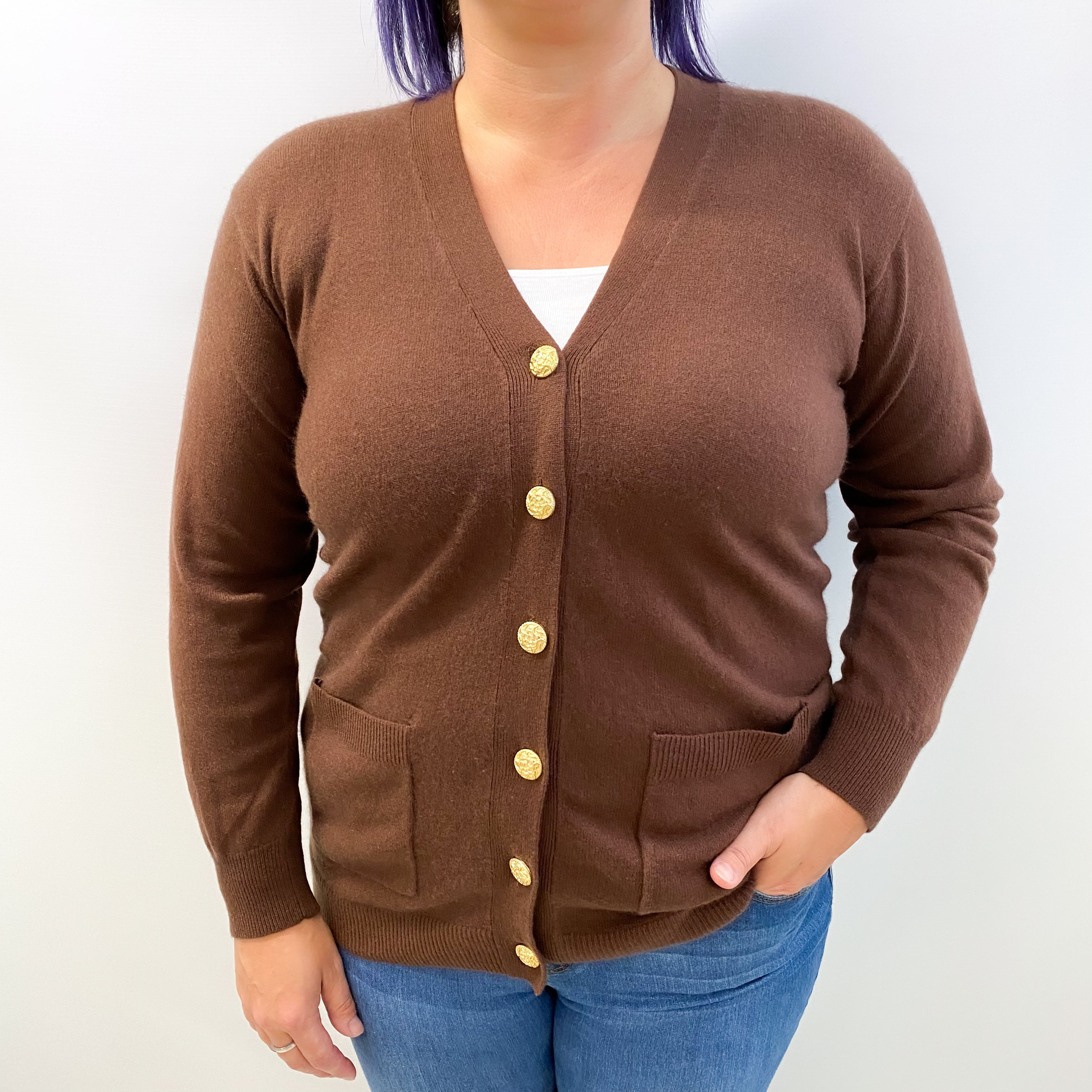 Walnut Brown Cashmere V Neck Cardigan Large