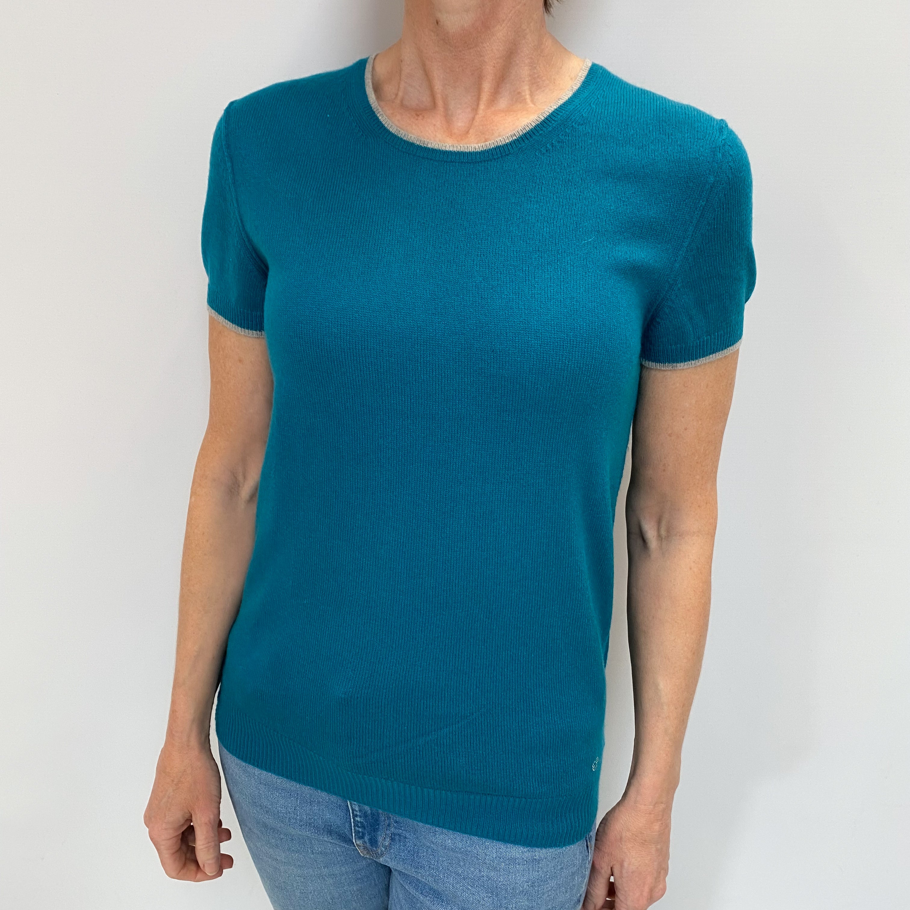 Teal Blue Cashmere Scoop Neck Short Sleeved Jumper Small