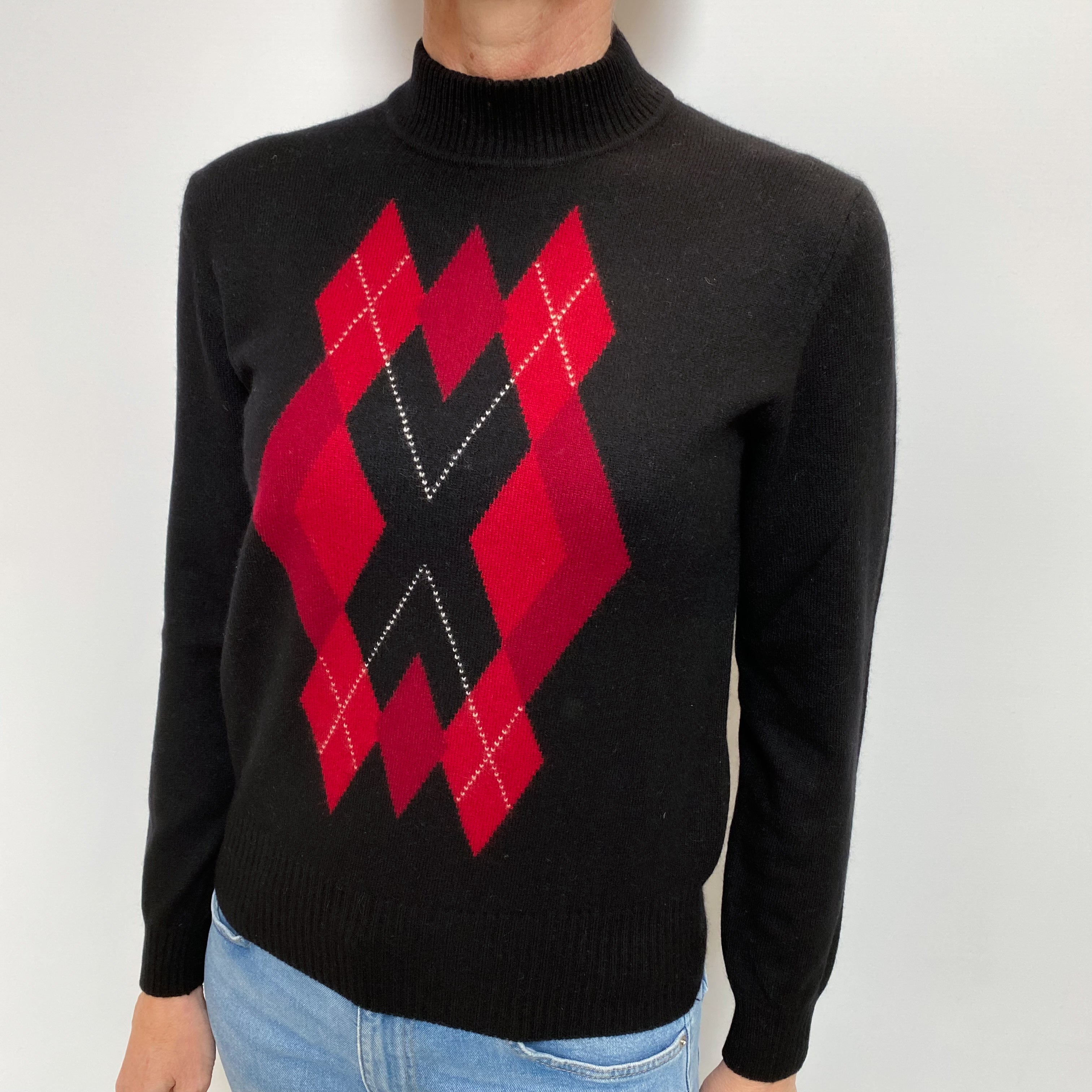 Black Red Diamond Cashmere Turtle Neck Jumper Small