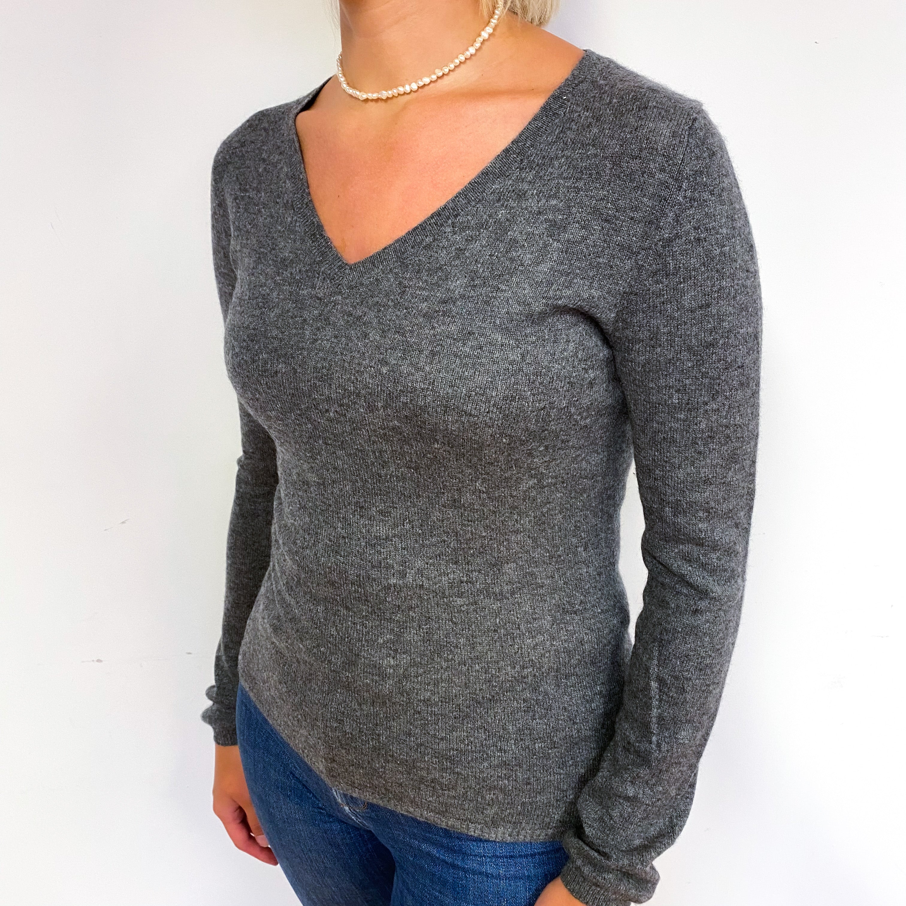 Slate Grey Lightweight Cashmere V-Neck Jumper Small