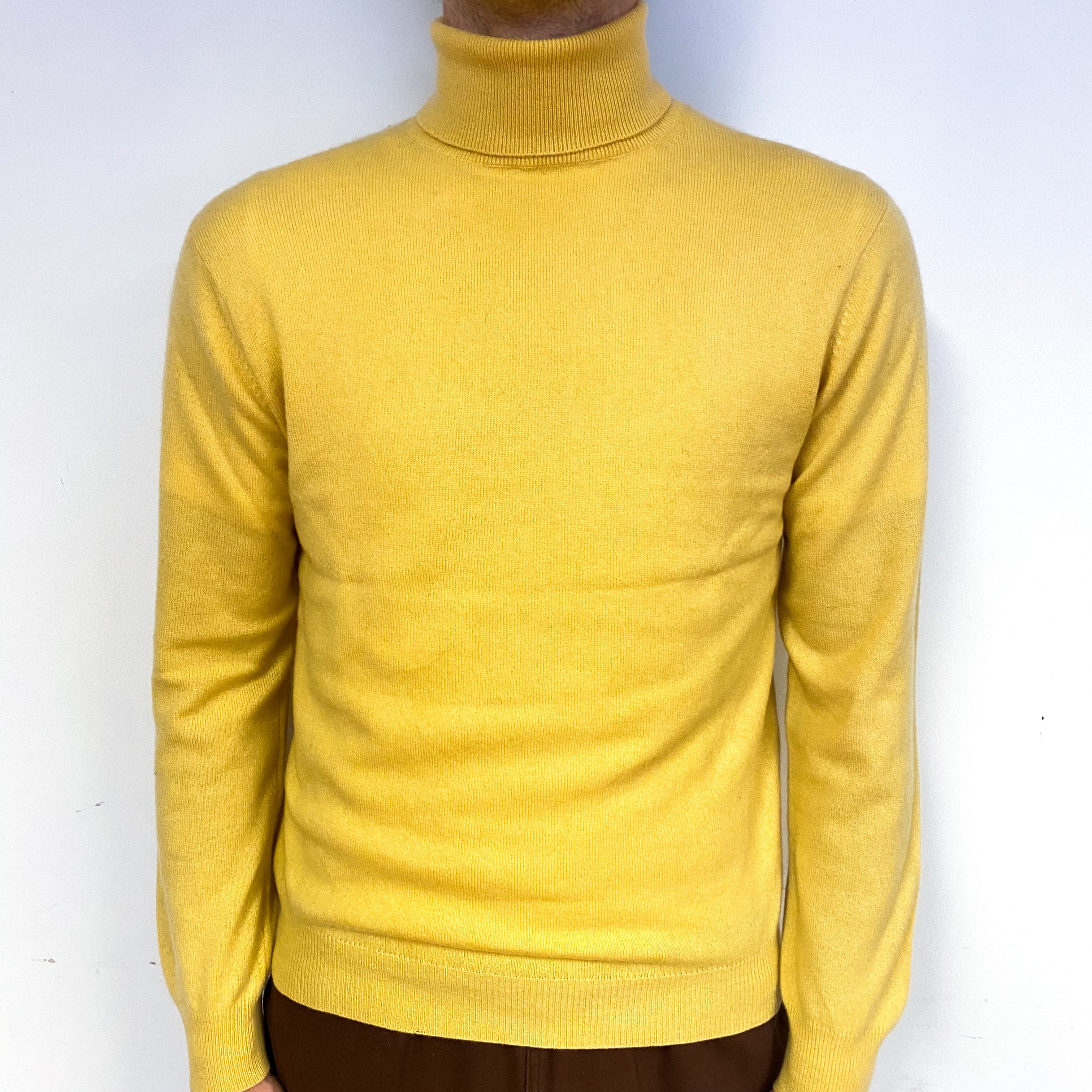 Men's Custard Yellow Cashmere Polo Neck Jumper Medium