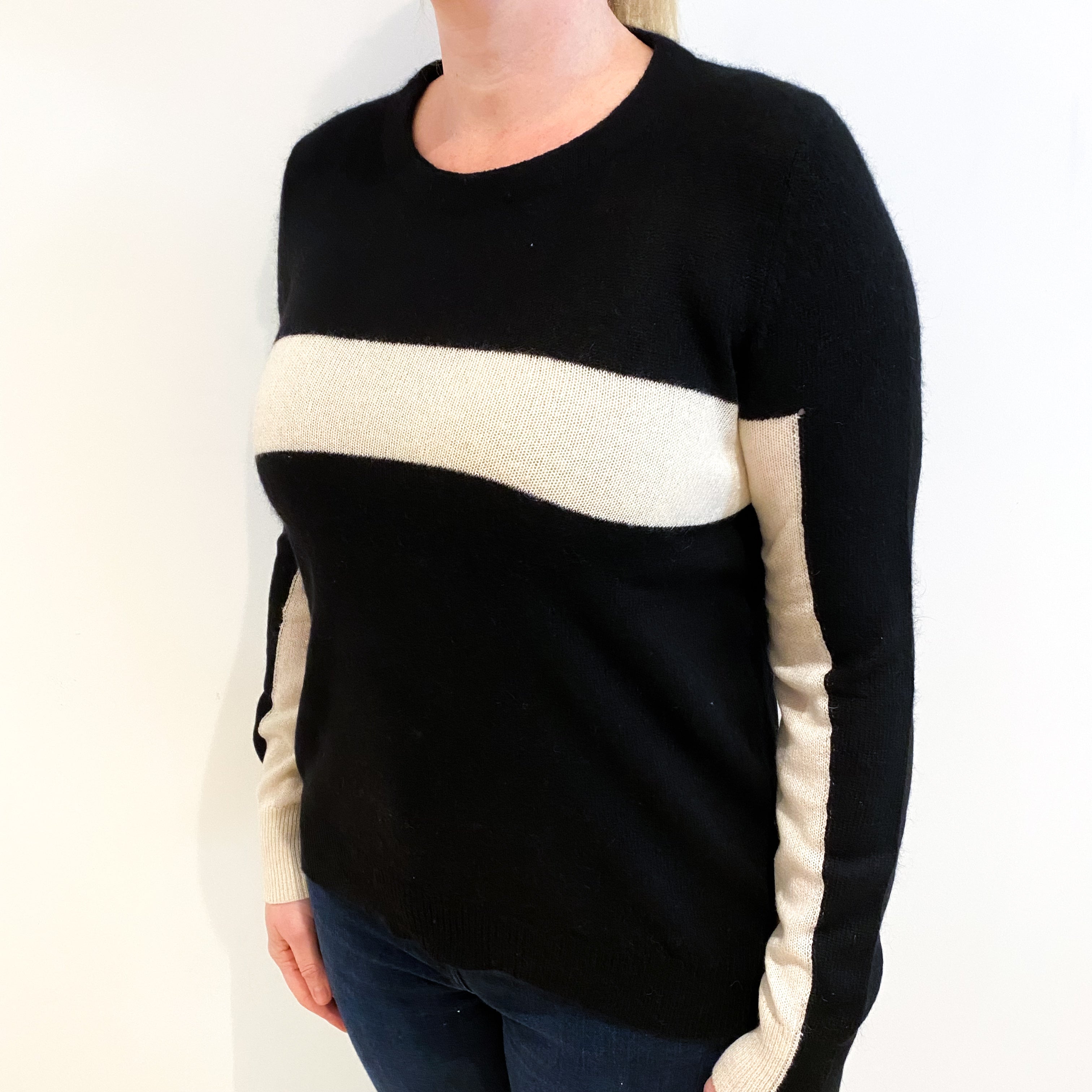 Black And Cream Stripe Cashmere Crew Neck Jumper Large