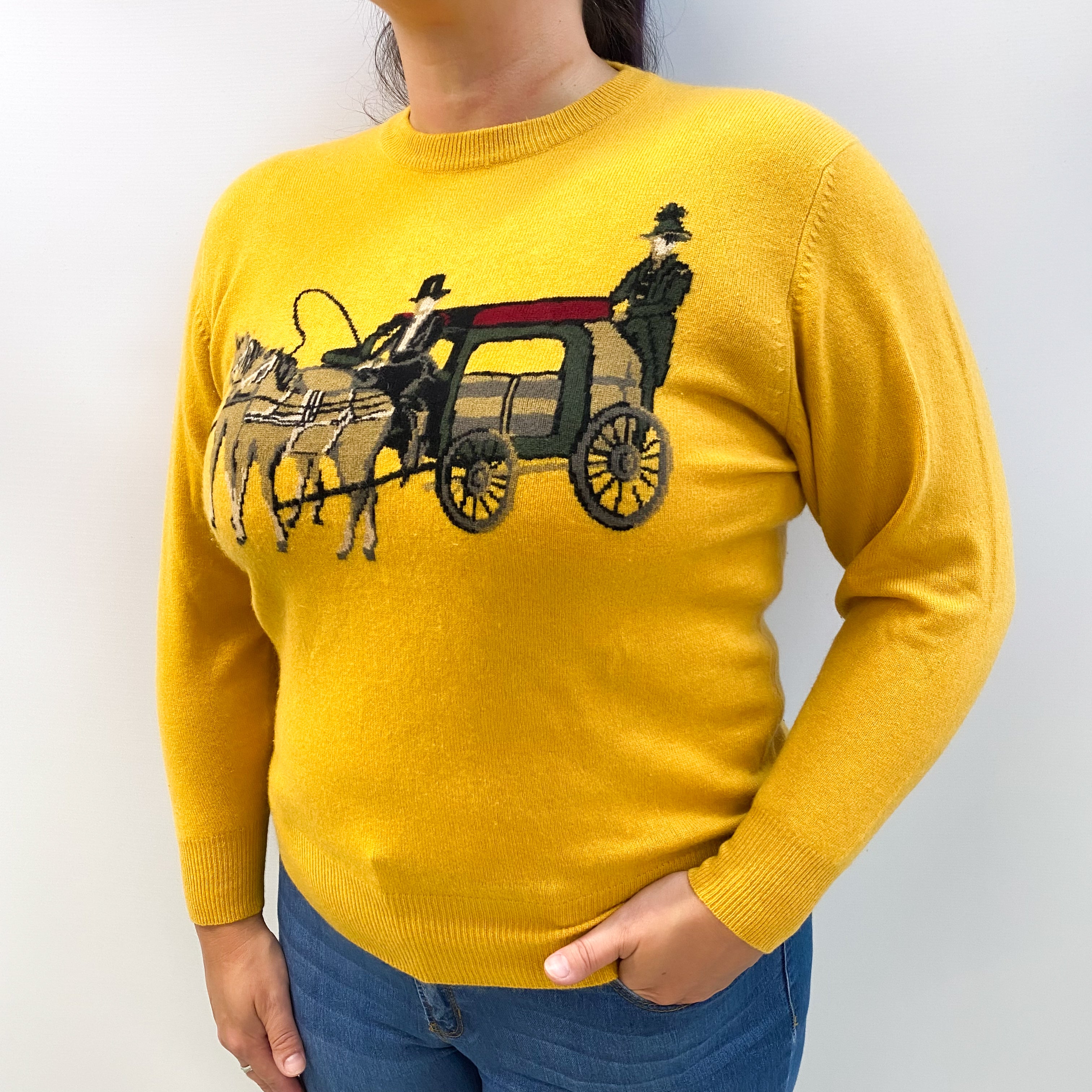 Yellow Carriage Motif Cashmere Crew Neck Jumper Large