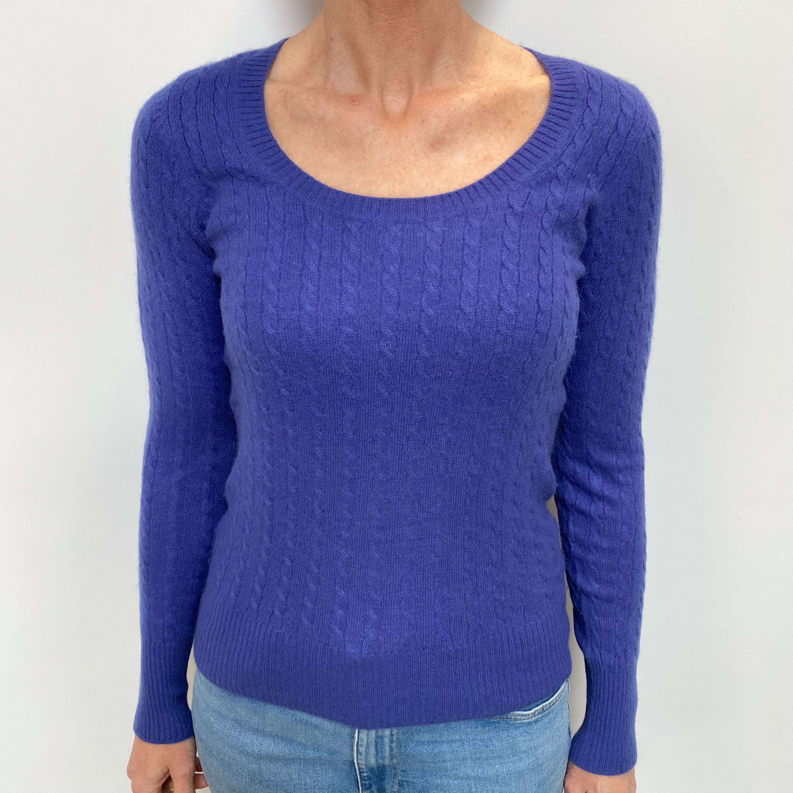 Blue Purple Cable Cashmere Scoop Neck Jumper Small