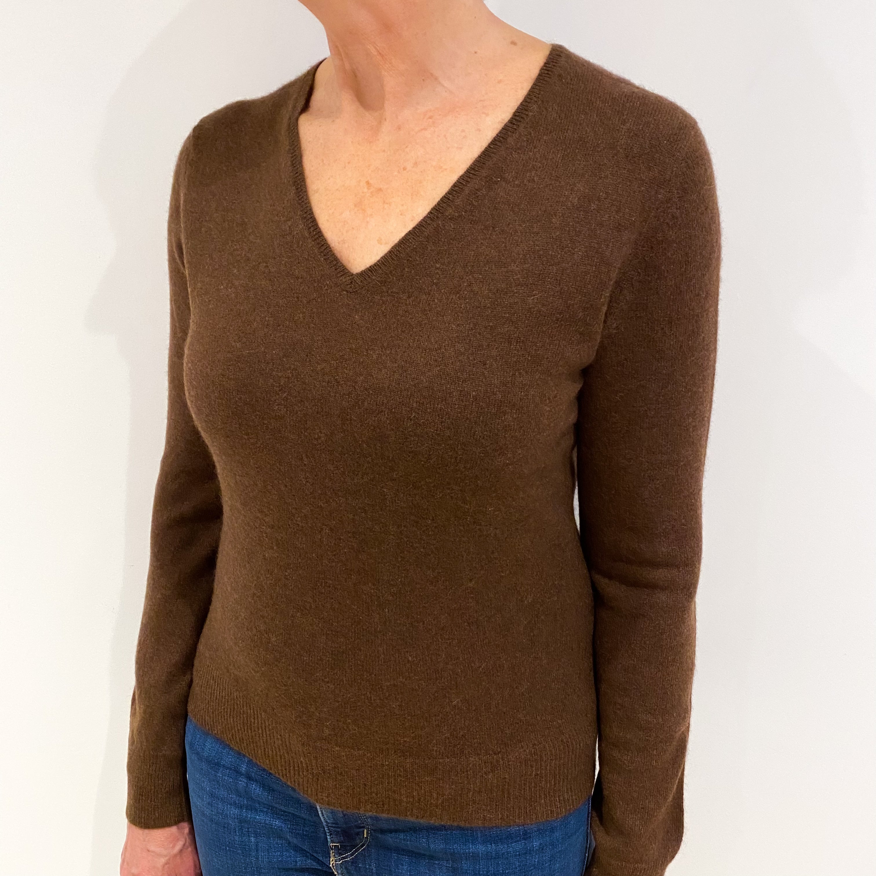 Walnut Brown Cashmere V Neck Jumper Medium