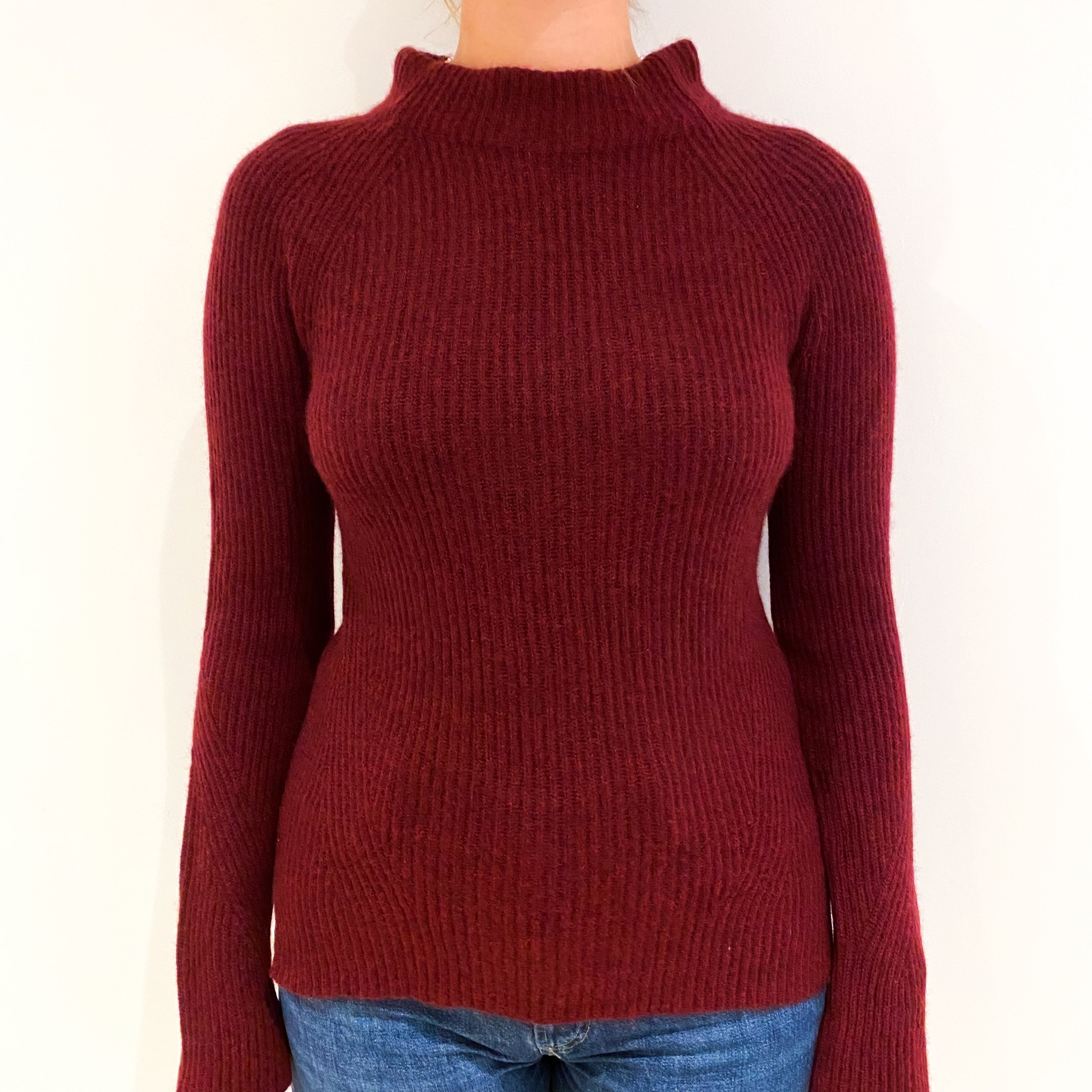 Wine Red Ribbed Cashmere Funnel Neck Jumper Small