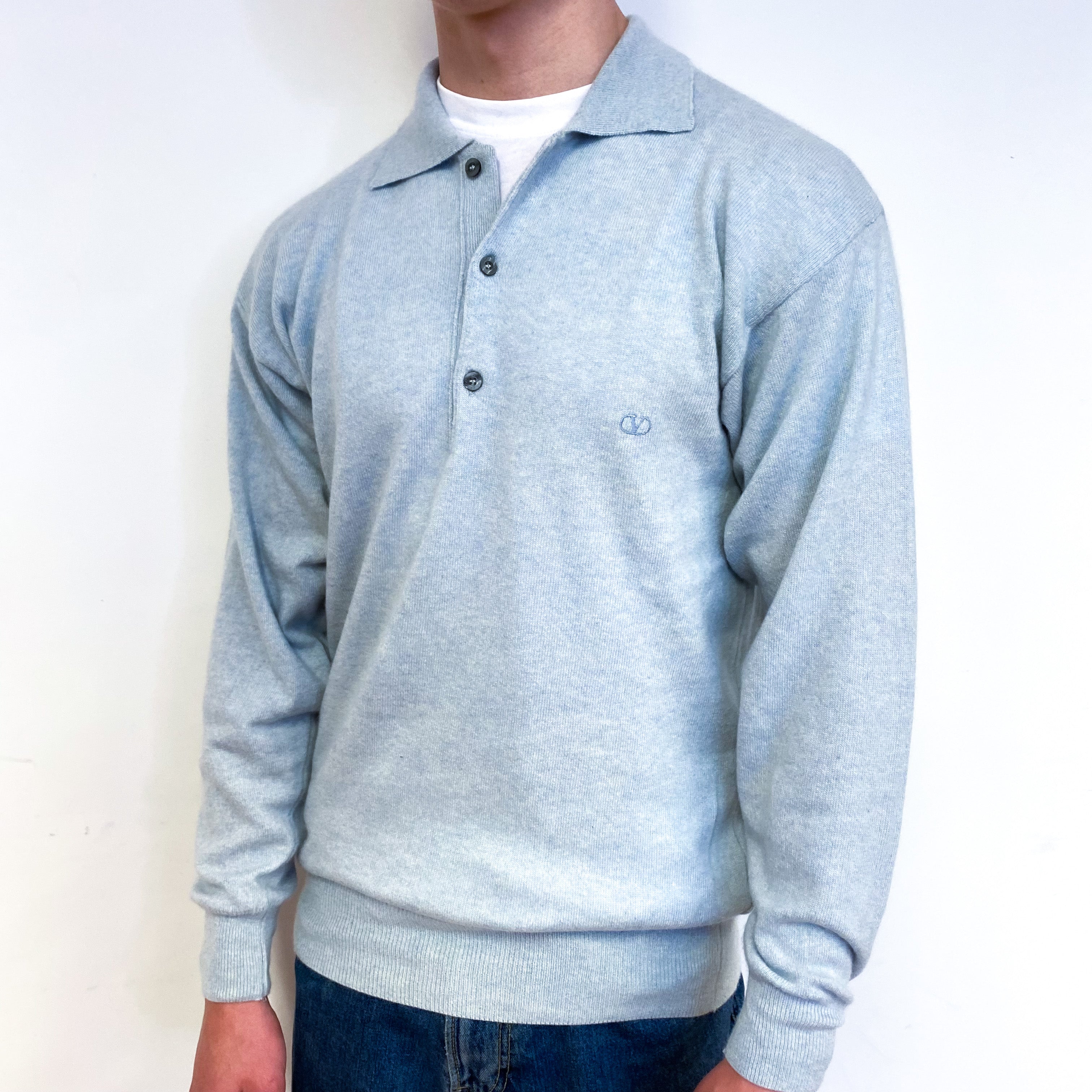 Men's Opal Blue Cashmere Collared 1/4 Button Jumper Small