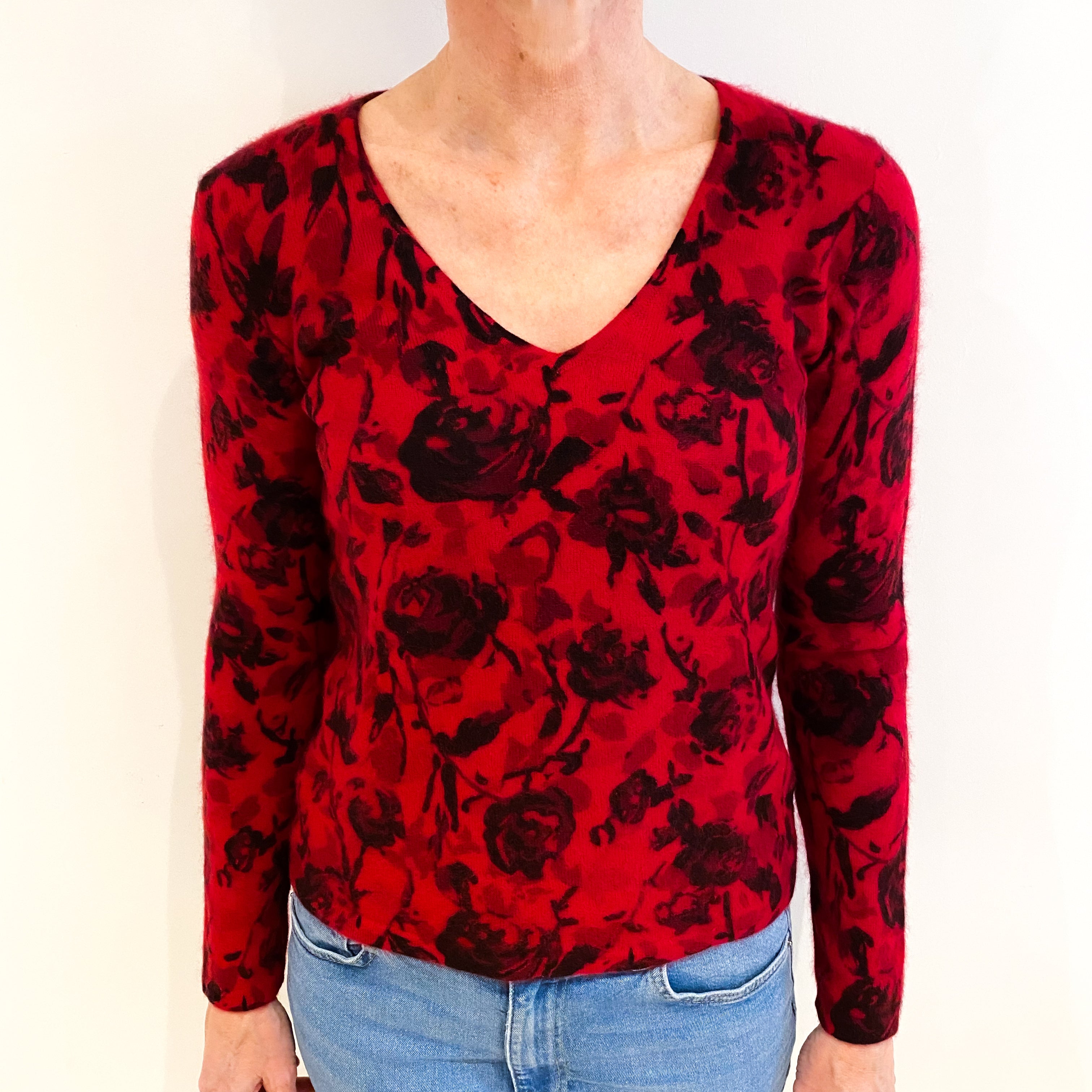 Red And Black Floral Cashmere V Neck Jumper Small