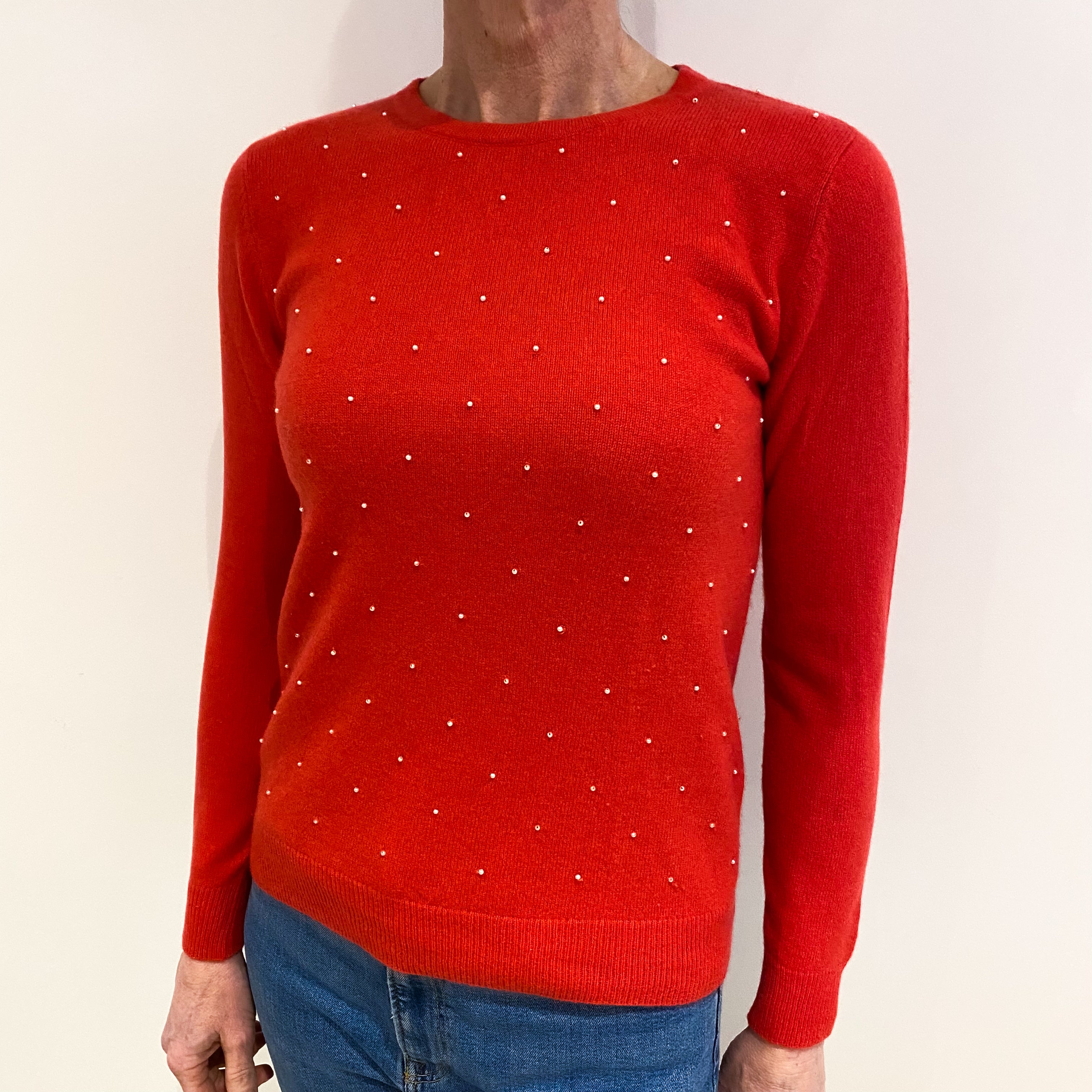 Vermillion Red Embellished Cashmere Crew Neck Jumper Small