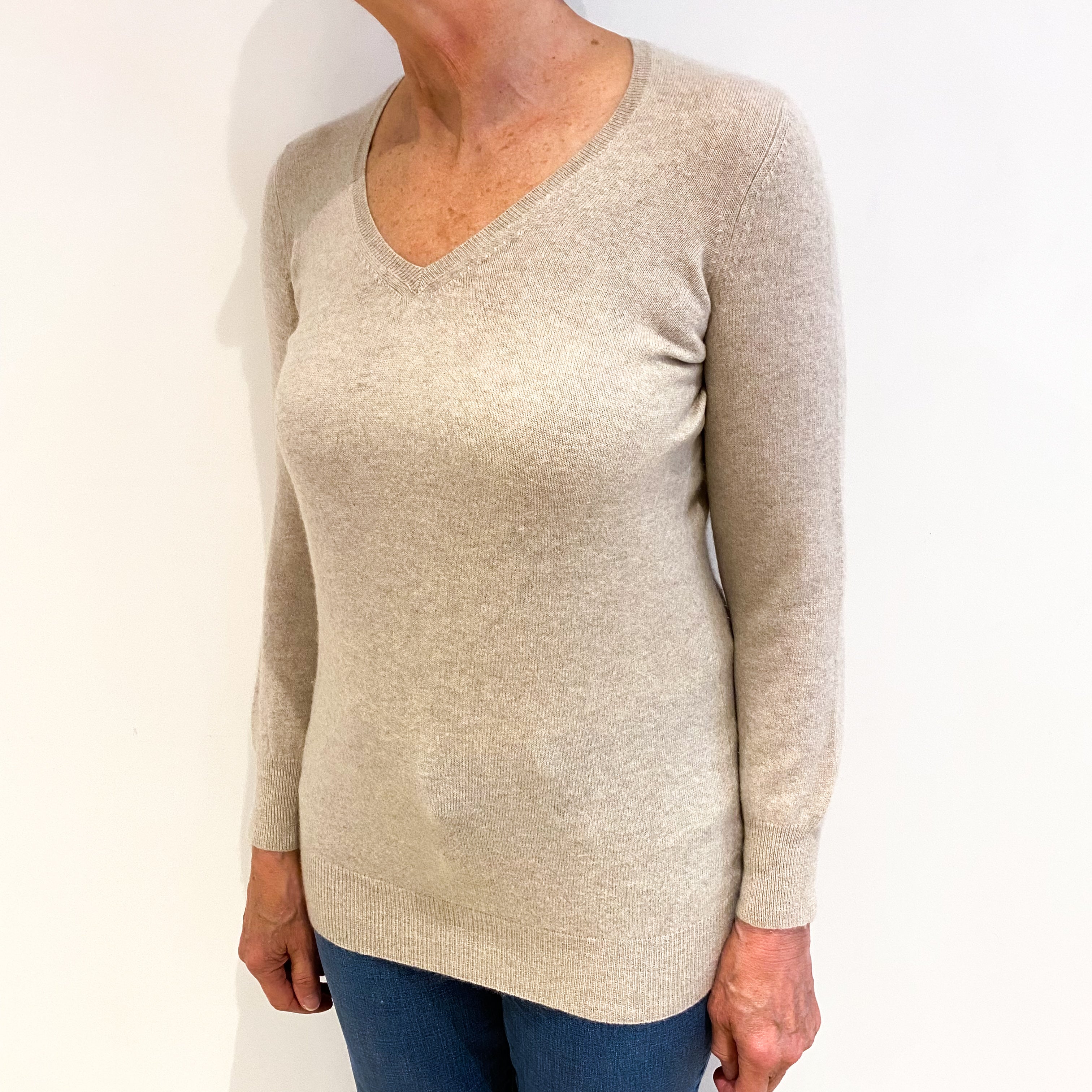 Fawn Beige Cashmere V Neck Jumper Medium