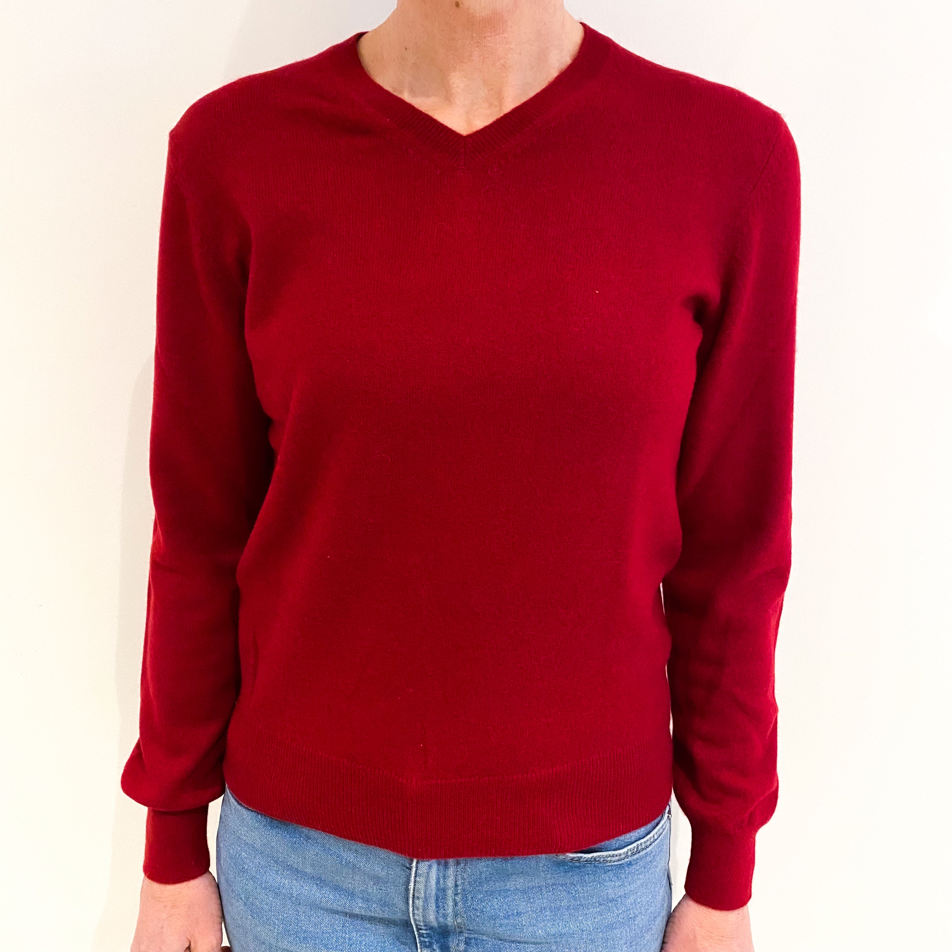 Crimson Red Cashmere V Neck Jumper Small