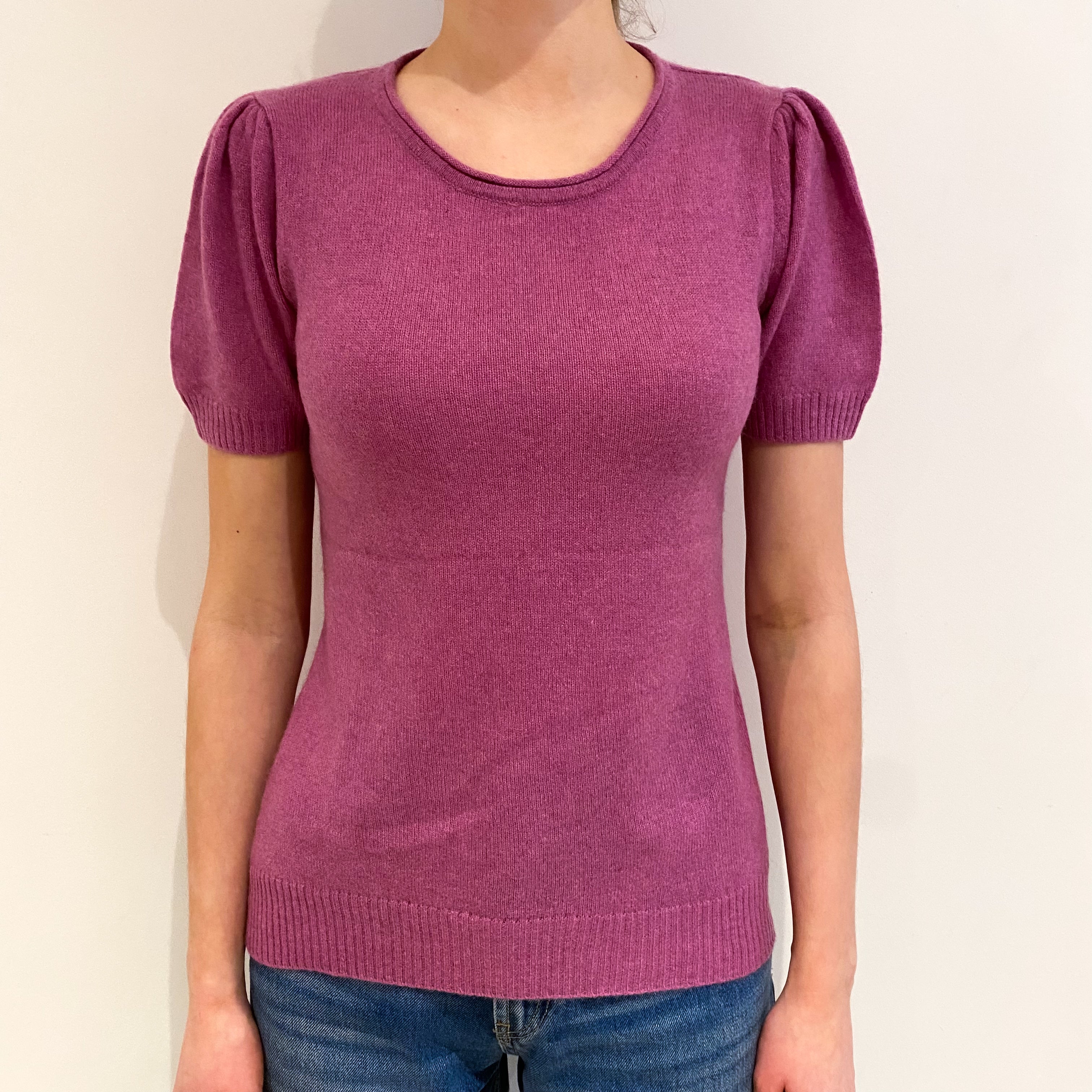 Heather Purple Cashmere Short Sleeved Crew Neck Jumper Extra Small