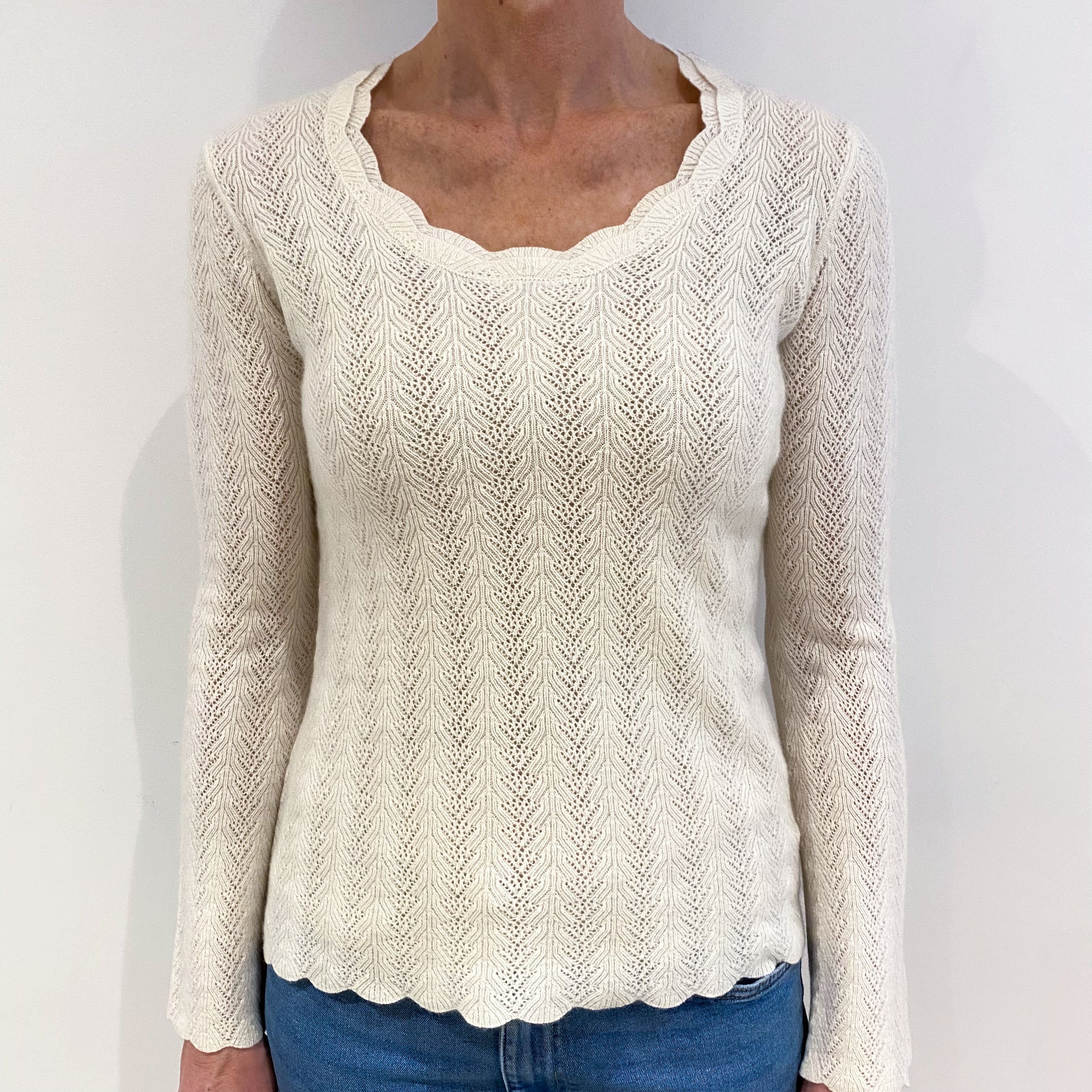 Vanilla Cream Lace Knit Cashmere Scoop Neck Jumper Small