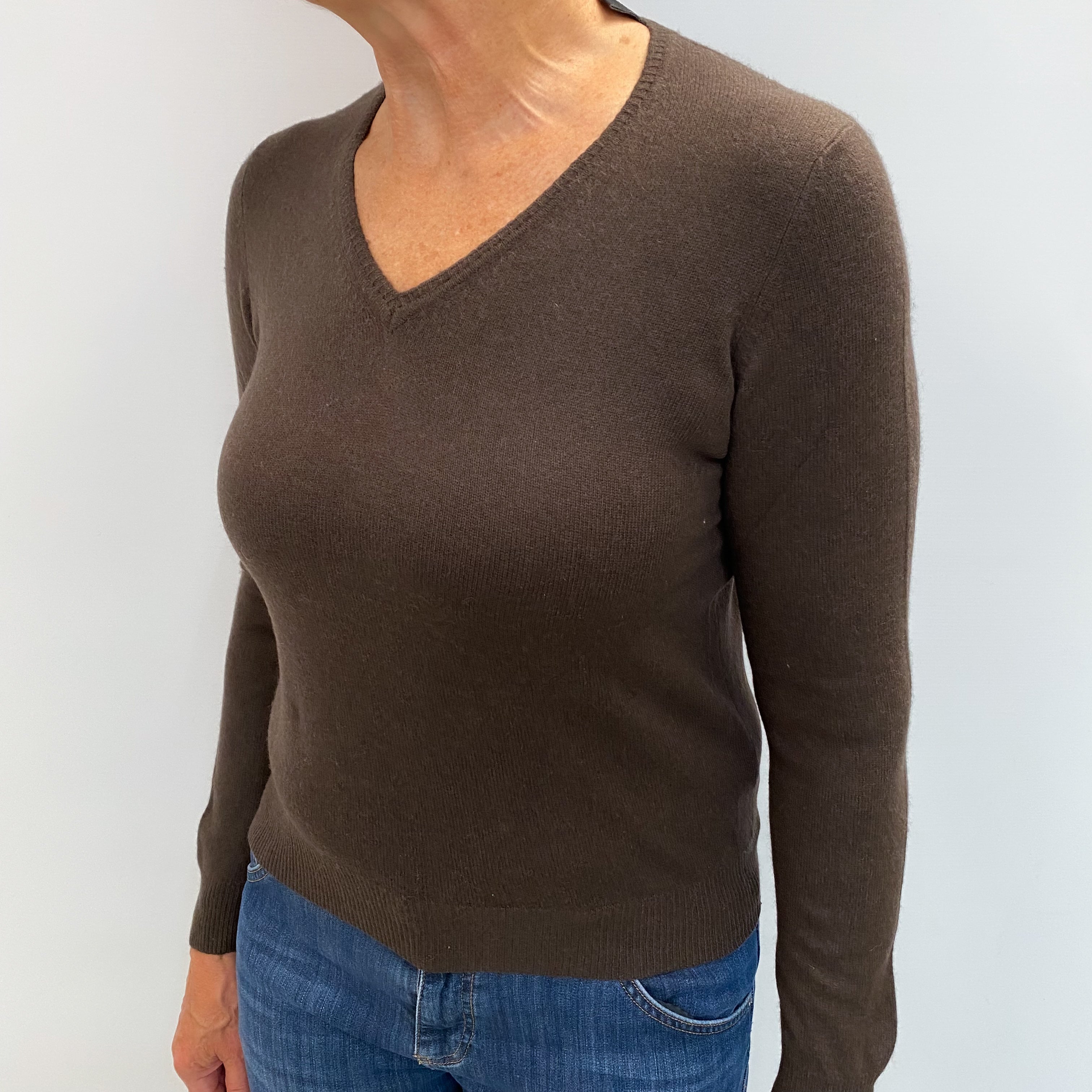 Peppercorn Brown Cashmere V Neck Jumper Medium