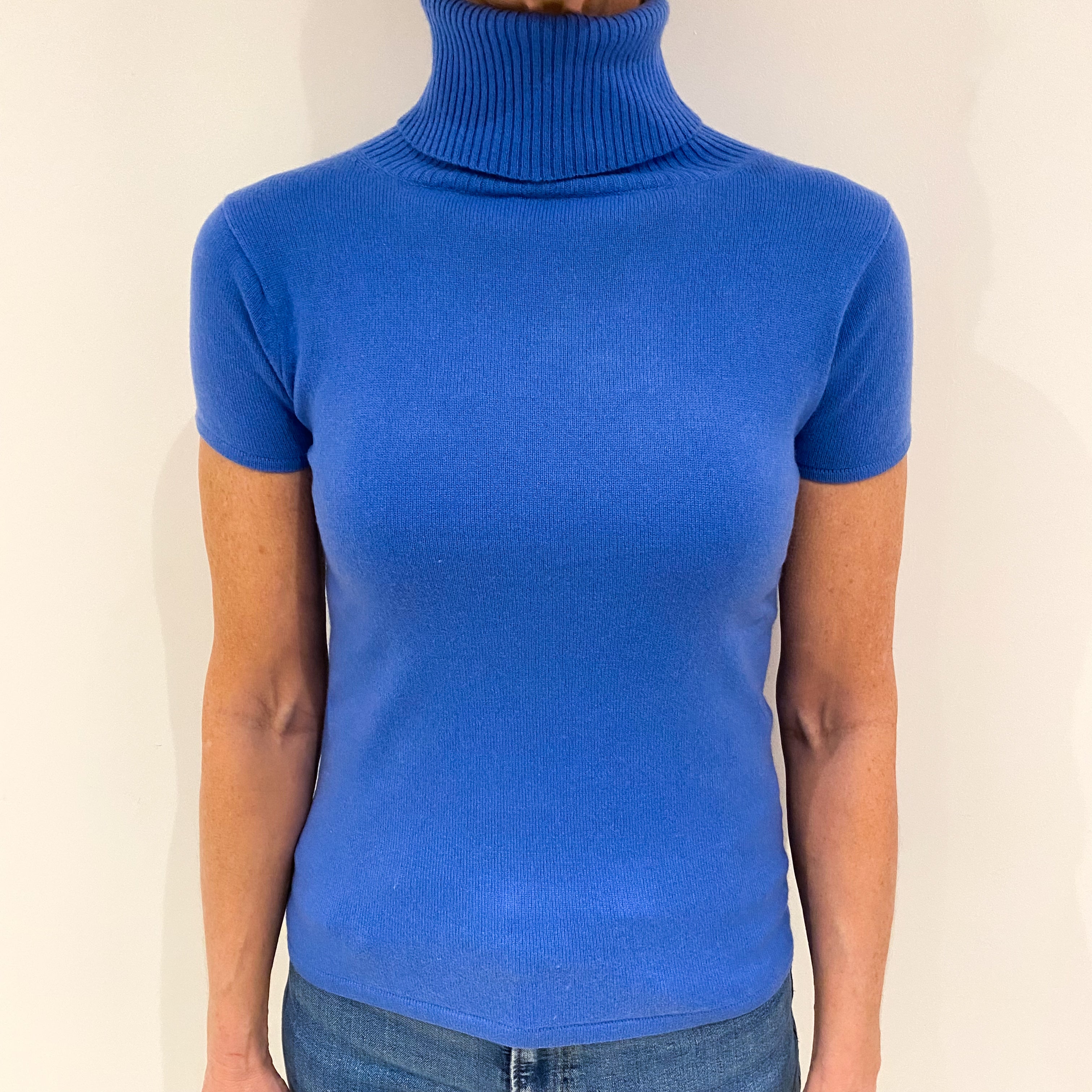 Tanzanite Blue Cashmere Short Sleeved Polo Neck Jumper Small