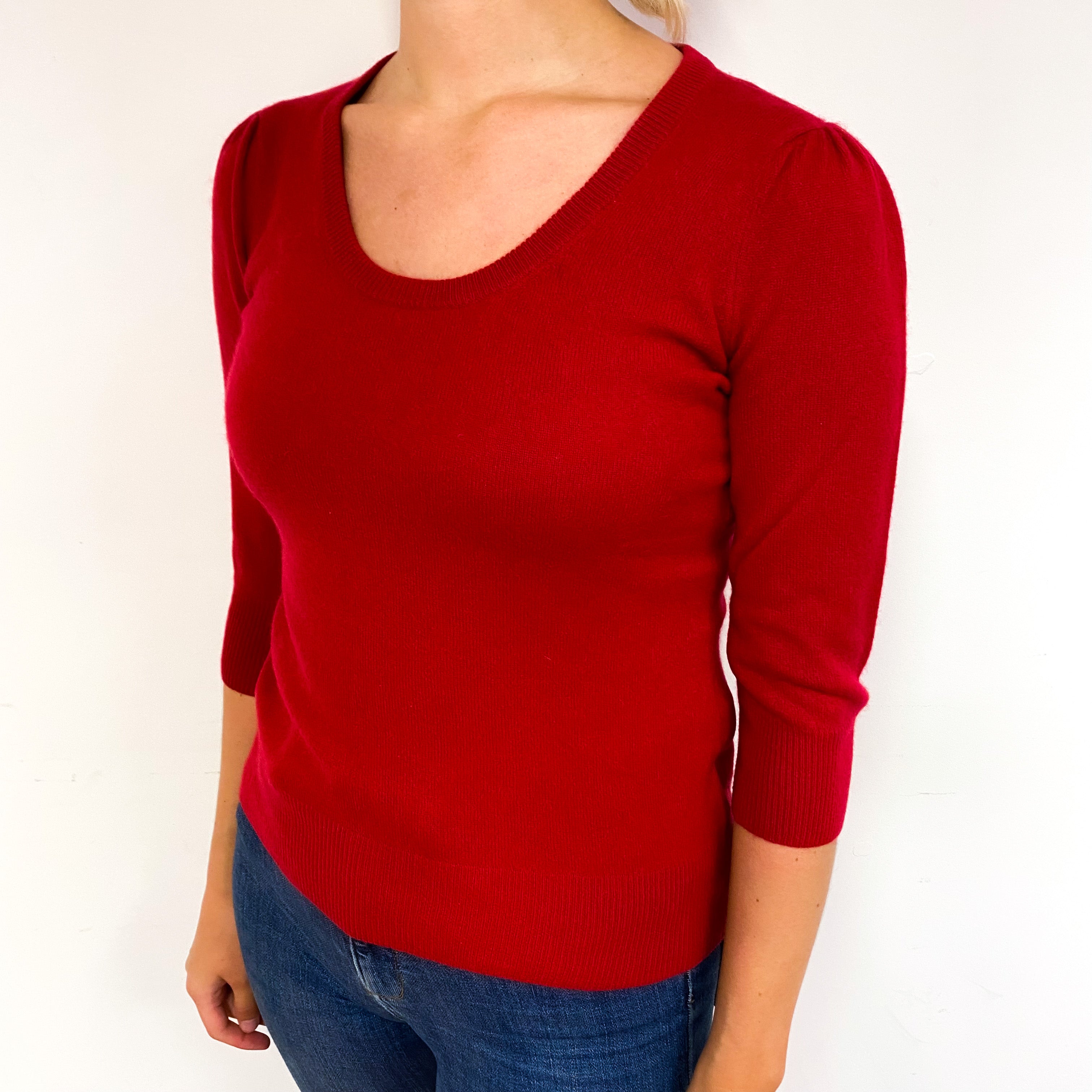 Post Box Red 3/4 Sleeve Cashmere Crew Neck Jumper Small