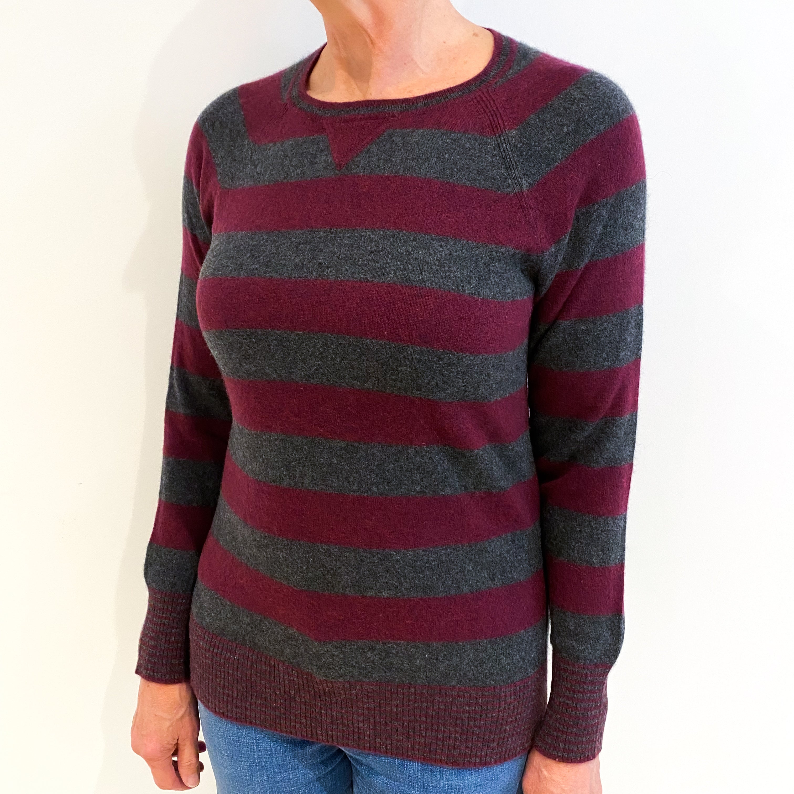 L.L Bean Mulberry And Grey Stripe Cashmere Crew Neck Jumper Medium