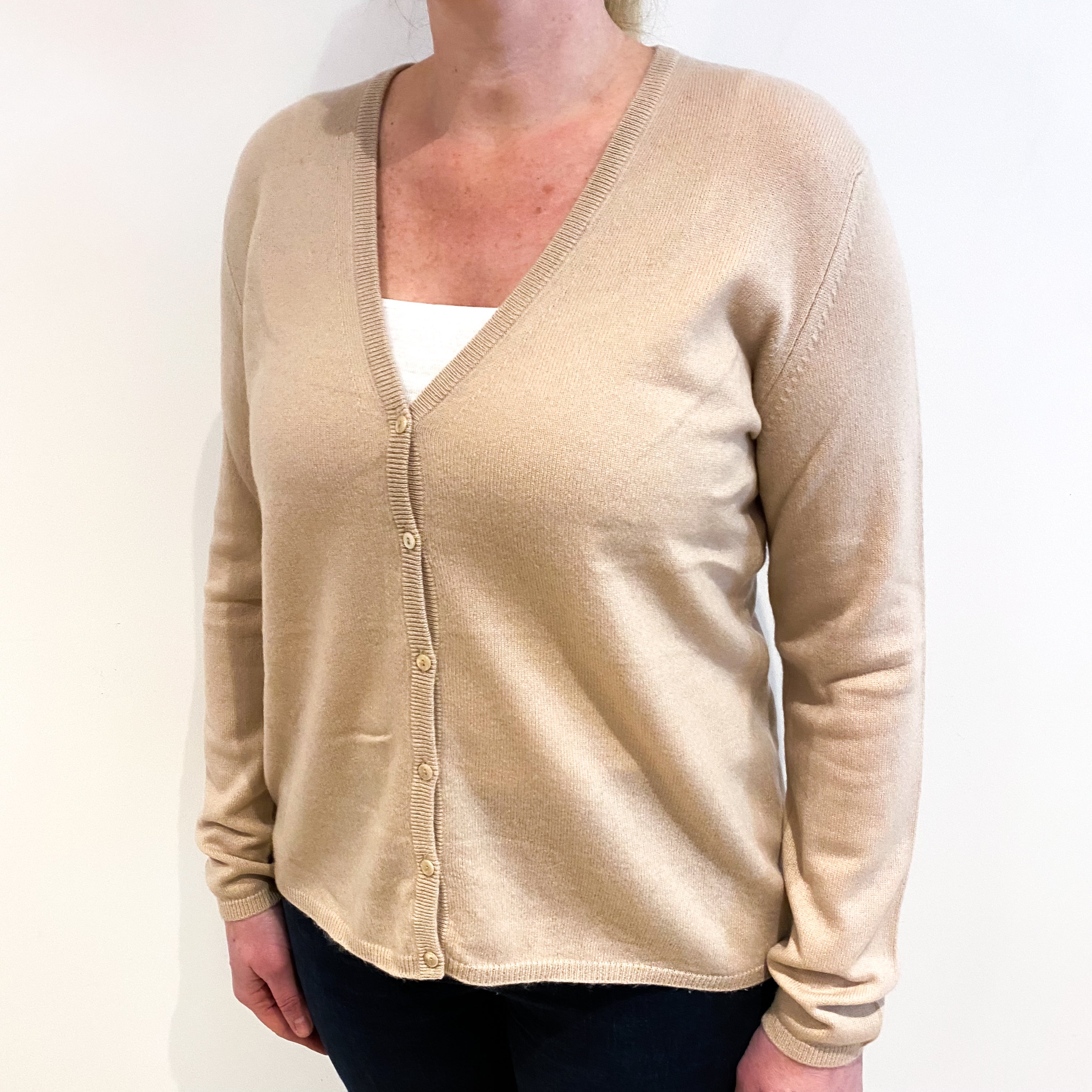 Buff Beige Cashmere V Neck Cardigan Large