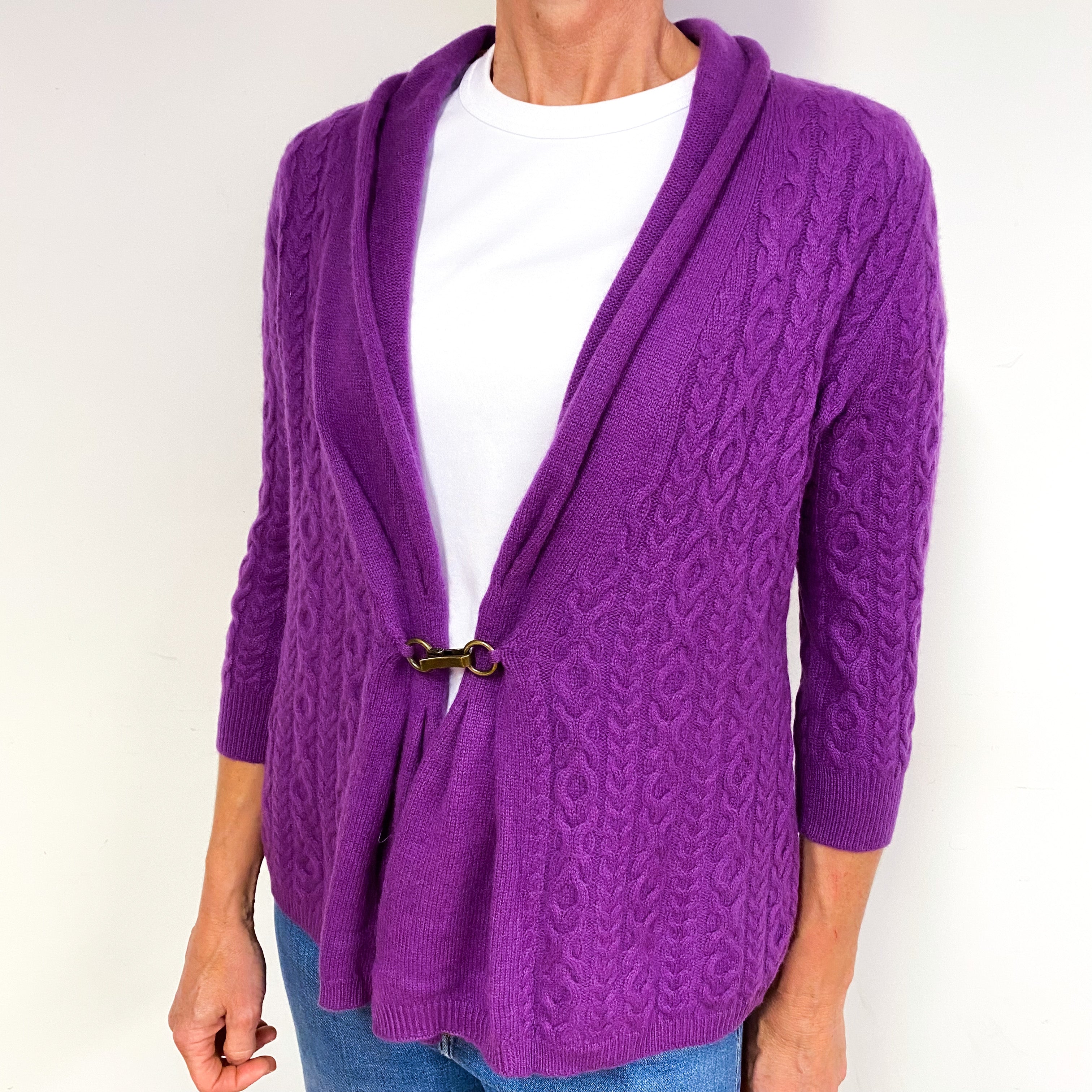 Viola Purple Cable Cashmere Buckle Fasten Cardigan Medium