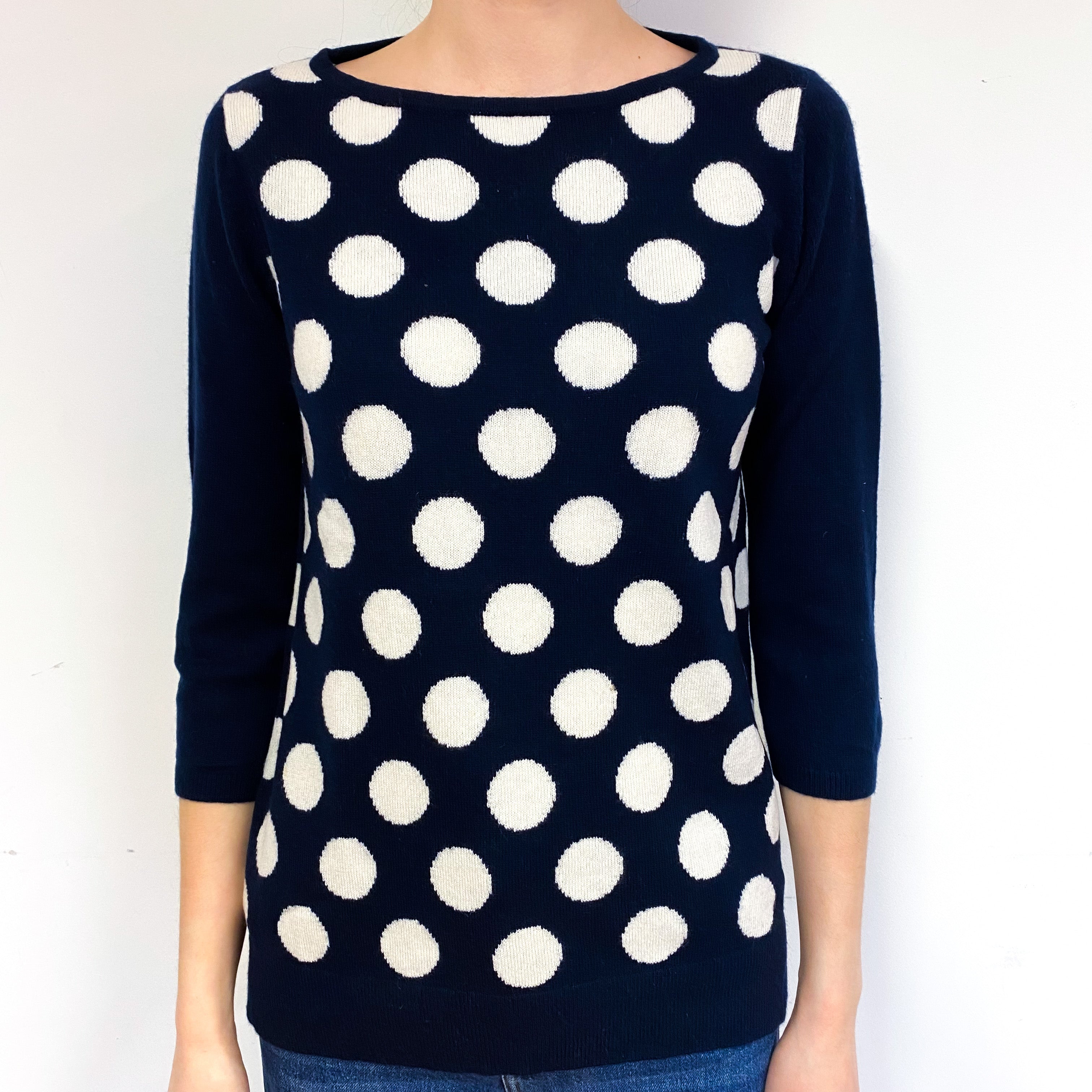 Dark Navy Ivory Spot Cashmere Crew Neck Jumper Extra Small