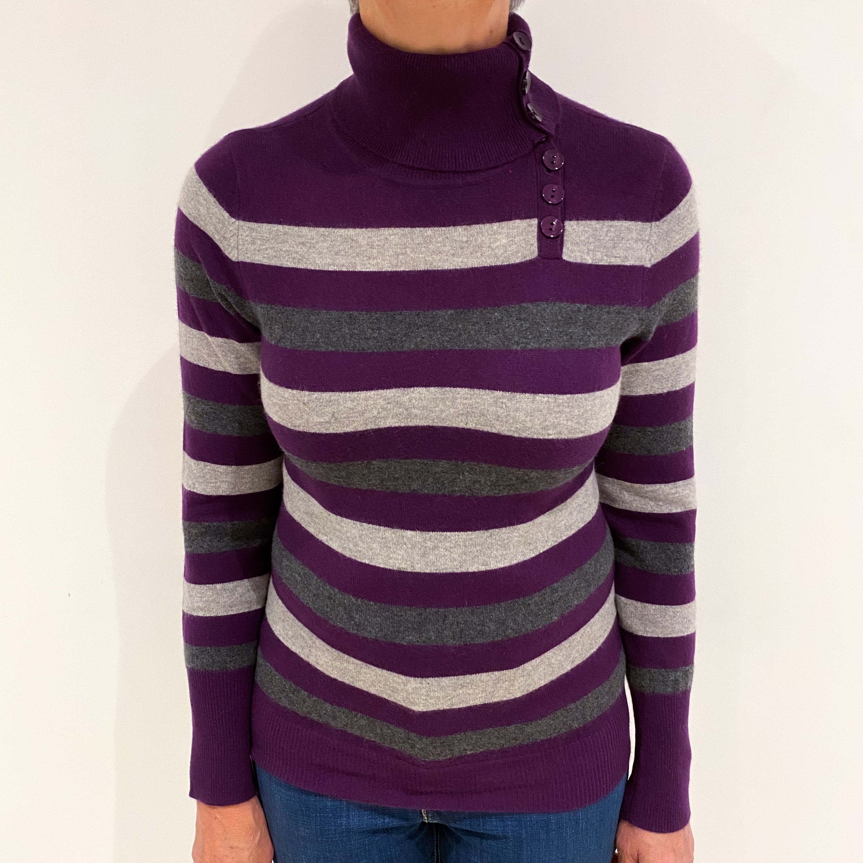 Striped Plum Slate and Smoke Grey Cashmere Polo Neck Jumper Medium