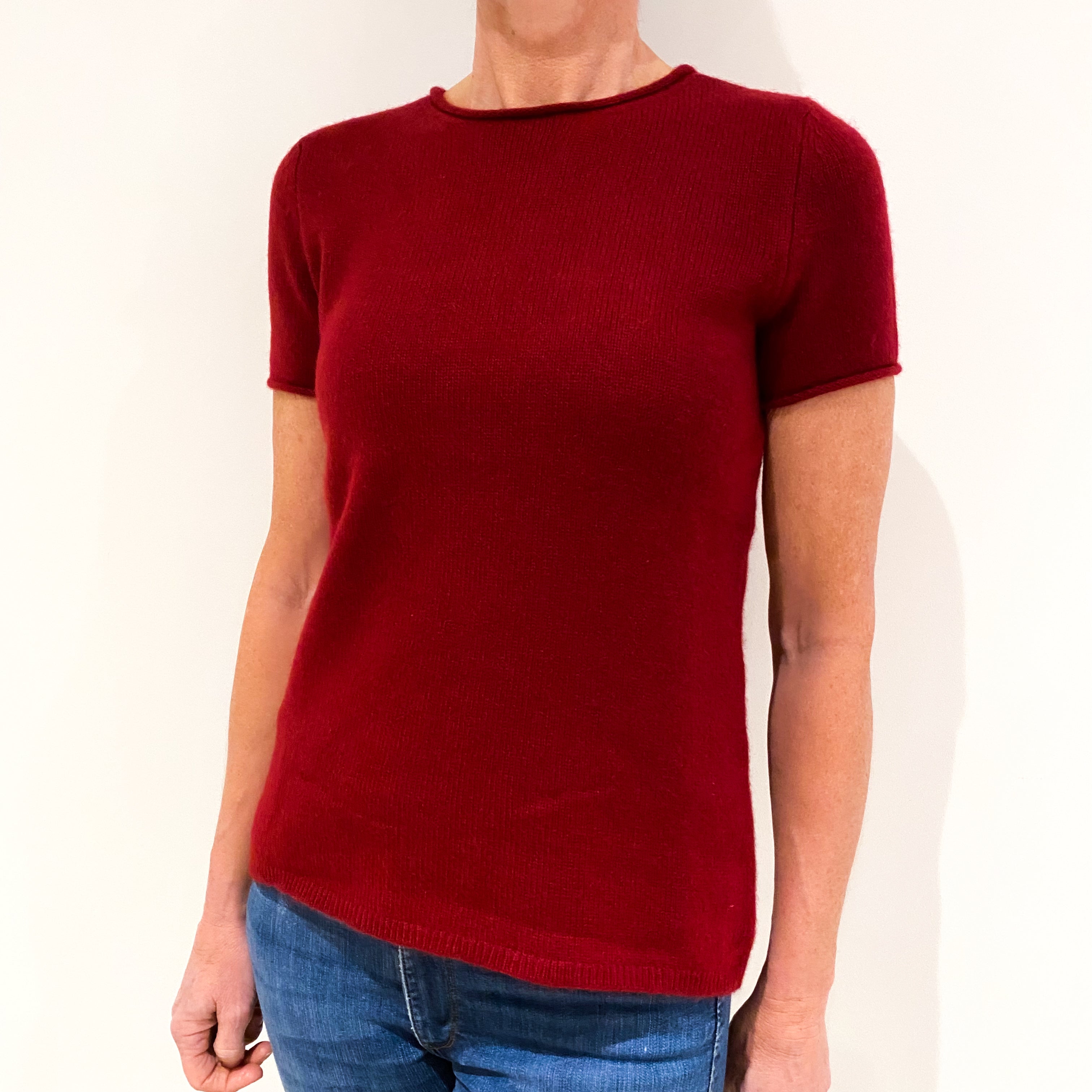 Wine Red Short Sleeved Cashmere Crew Neck Jumper Small