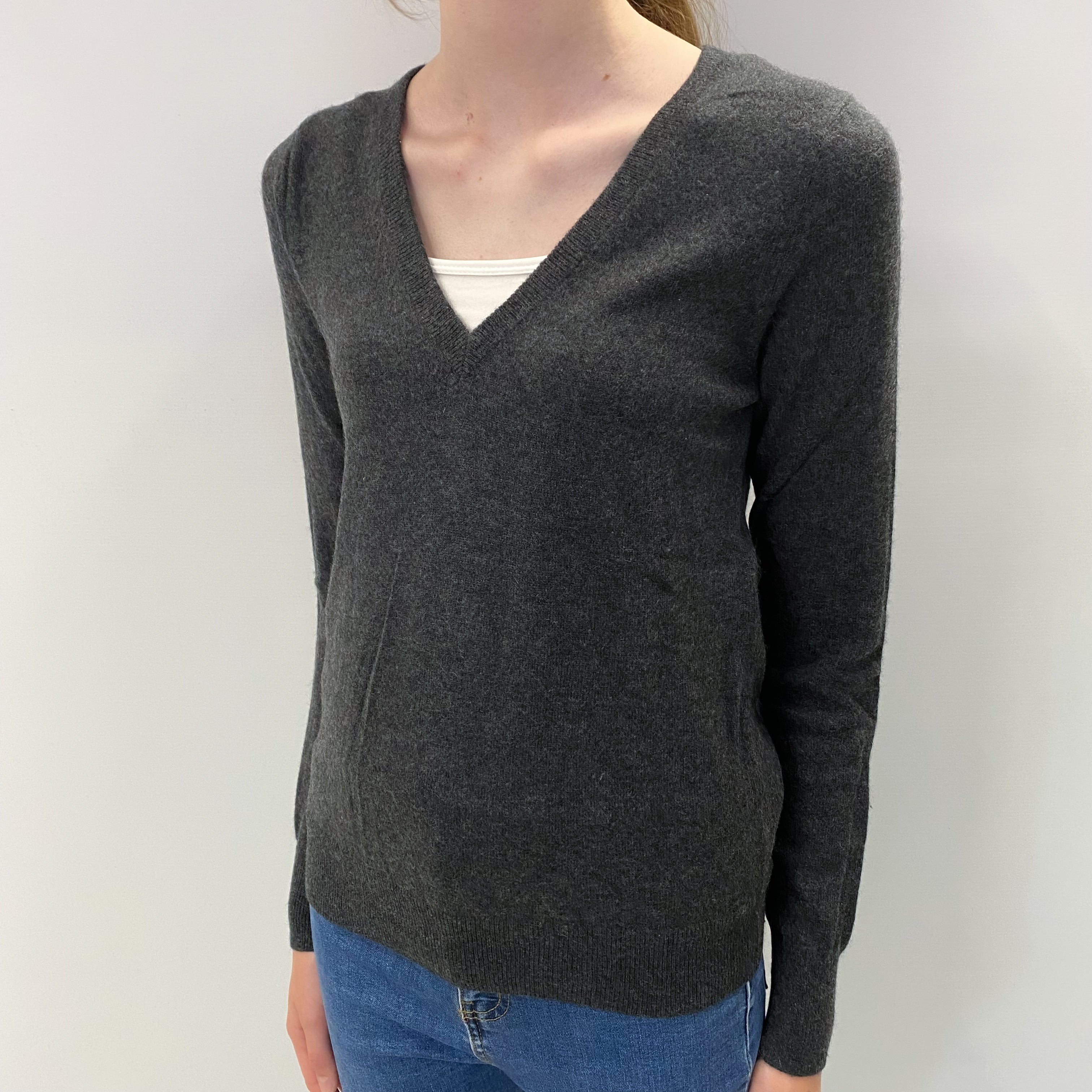 Slate Grey Cashmere V Neck Jumper Extra Small