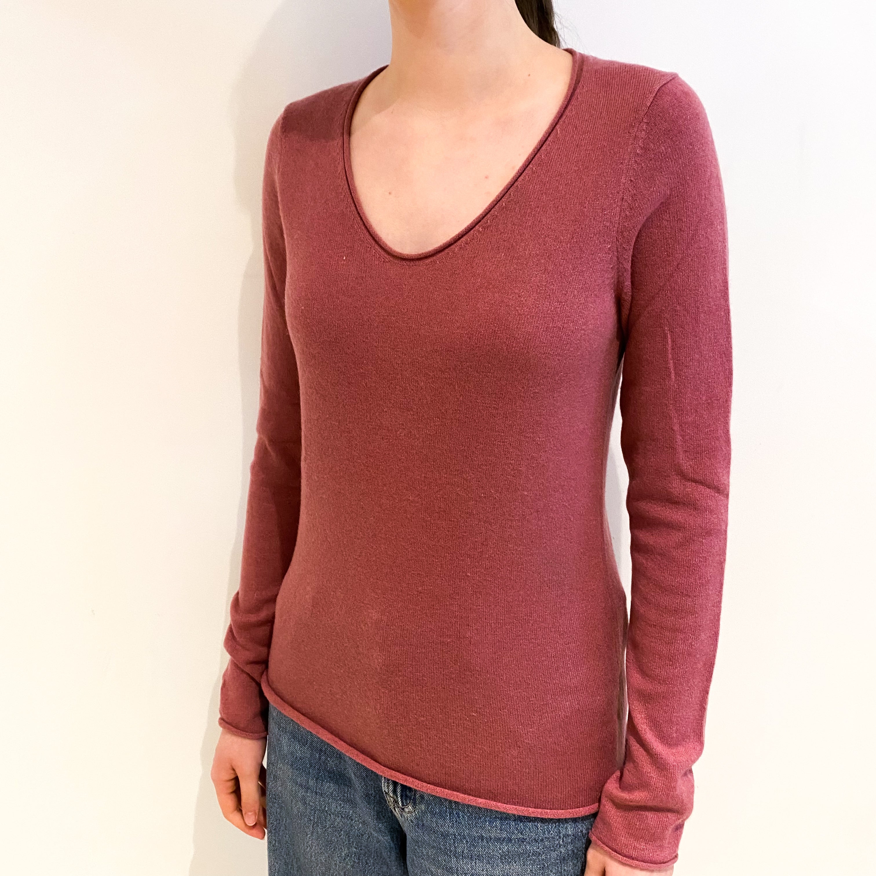 Deep Heather Pink Cashmere V Neck Jumper Extra Small